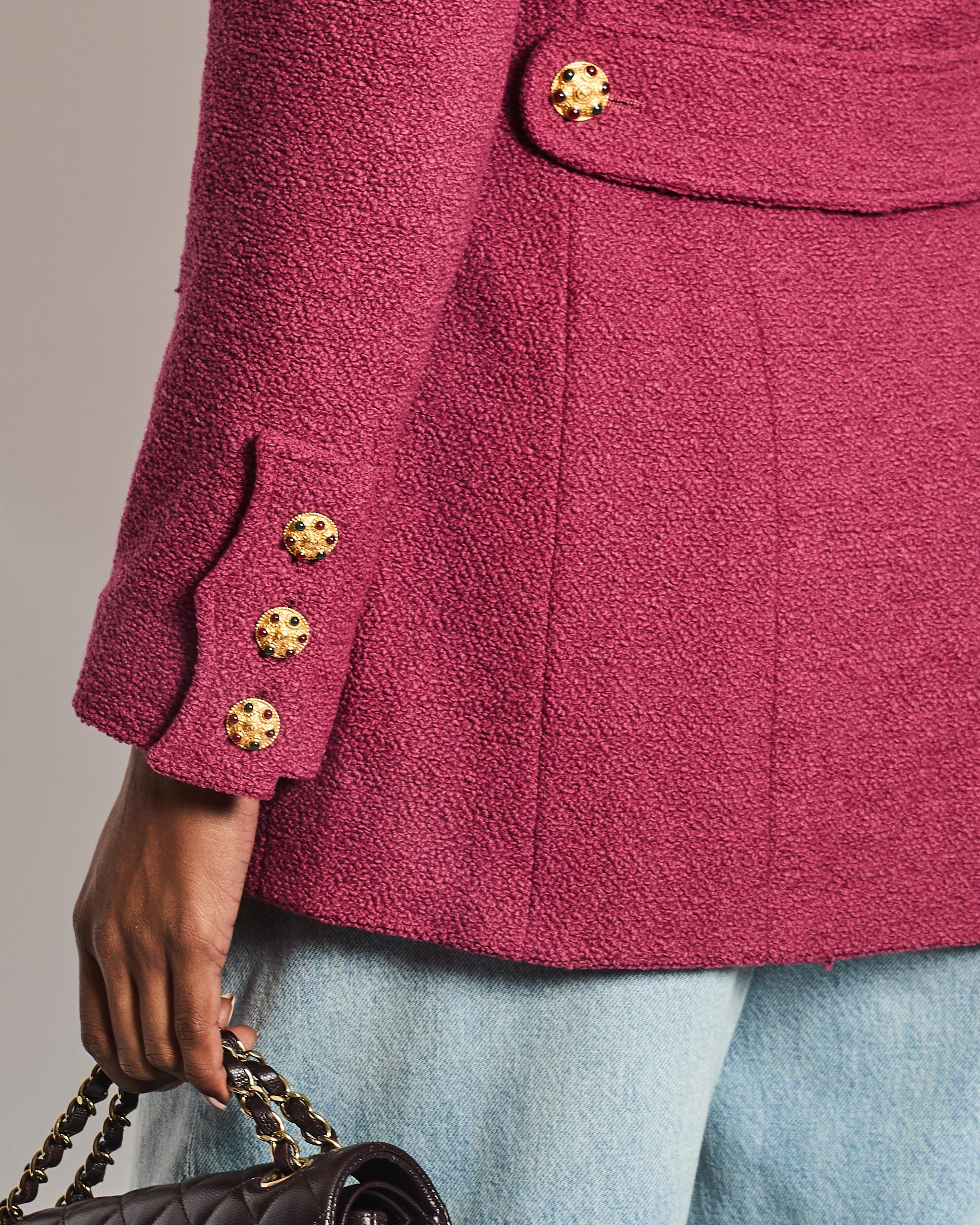 Chanel 96/A Dark Pink Boucle Double Breasted Jacket With Gold Buttons Size FR 36 (UK 8)