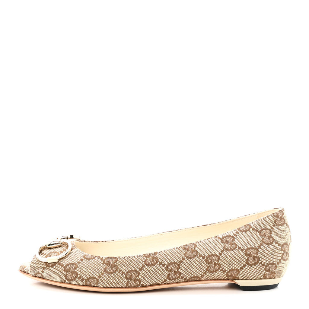 Gucci Monogram Miro Soft Calfskin Womens Horsebit Peep Toe Flats 6 Beige Ebony Mystic White