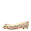Gucci Monogram Miro Soft Calfskin Womens Horsebit Peep Toe Flats 6 Beige Ebony Mystic White