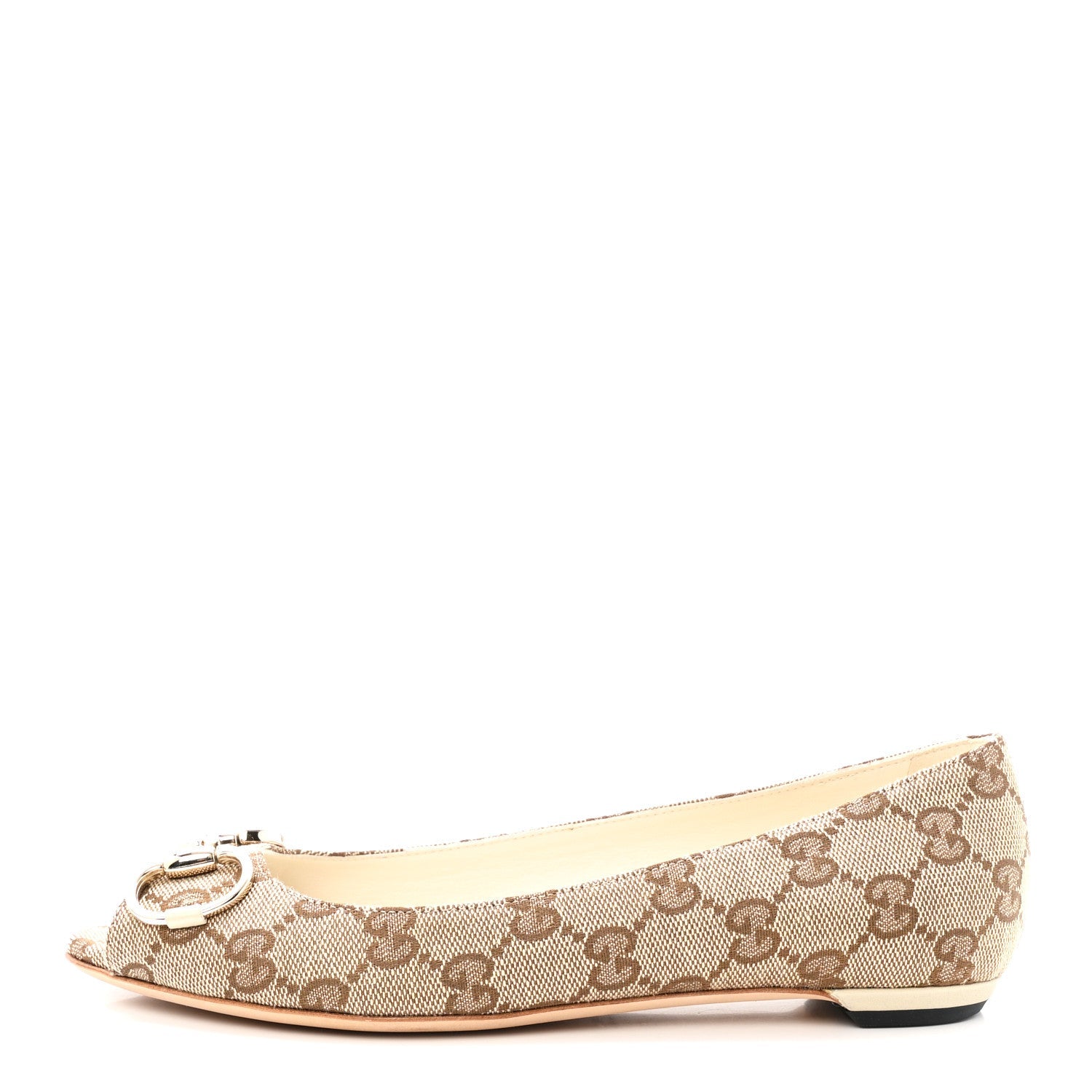 Gucci Monogram Miro Soft Calfskin Womens Horsebit Peep Toe Flats 6 Beige Ebony Mystic White