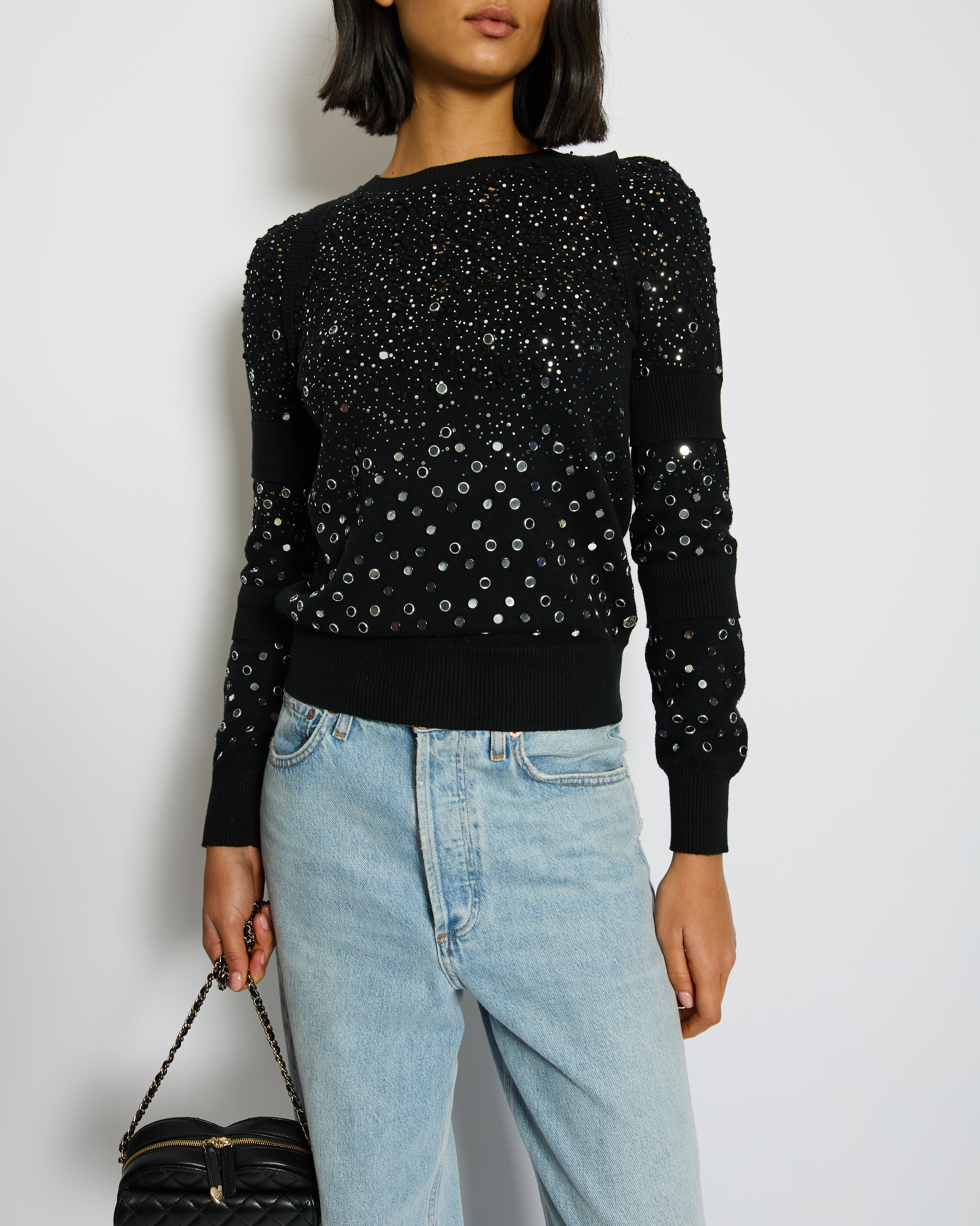 Chanel Black Mirror Embellished Jumper with CC Logo and Sequin Details Size FR 34 (UK 6)