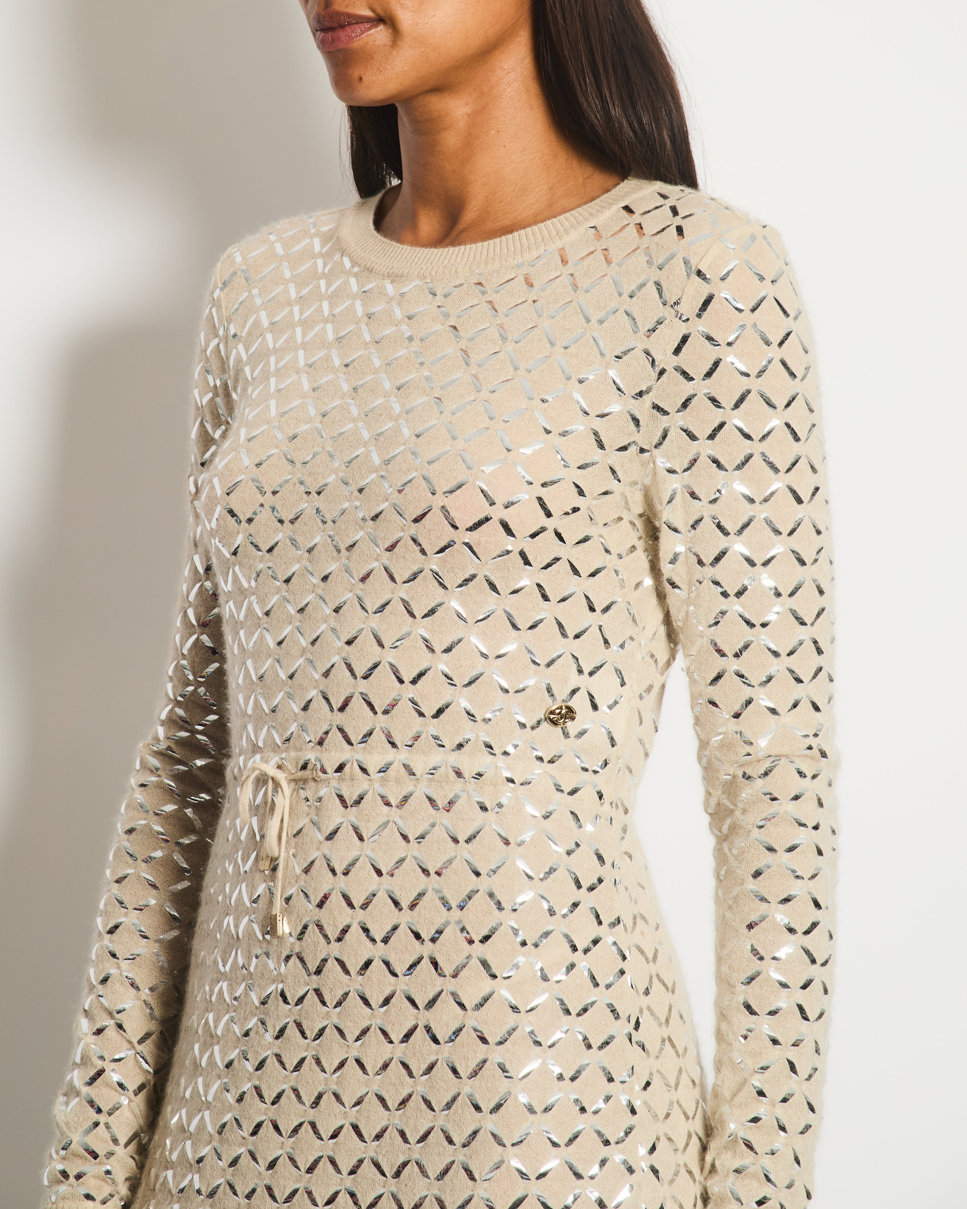 Chanel Cream Angora & Silk Long Sleeve Maxi Dress with Silver Metallic Detail & Drawstring Waist Size FR 34 (UK 6)