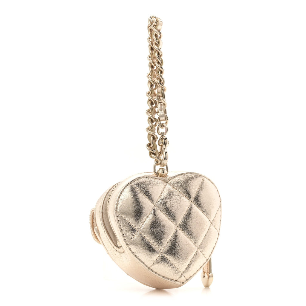 Metallic Lambskin Quilted CC In Love Mini Heart Bag Charm Gold