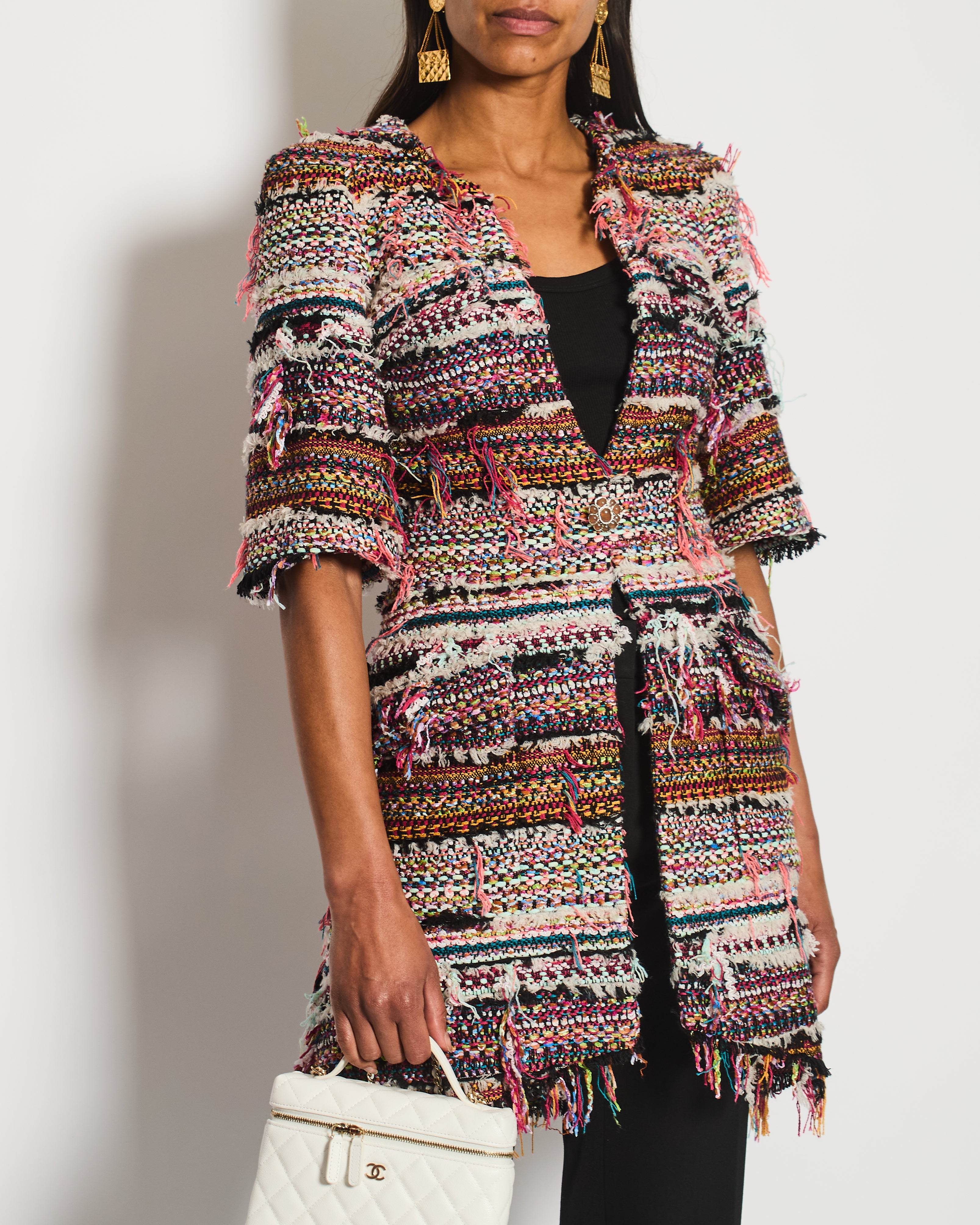 Chanel Paris/Dubai 2015 Pink Fantasy Set Frayed Tweed Short Sleeve Jacket Size FR 34 (UK 6)