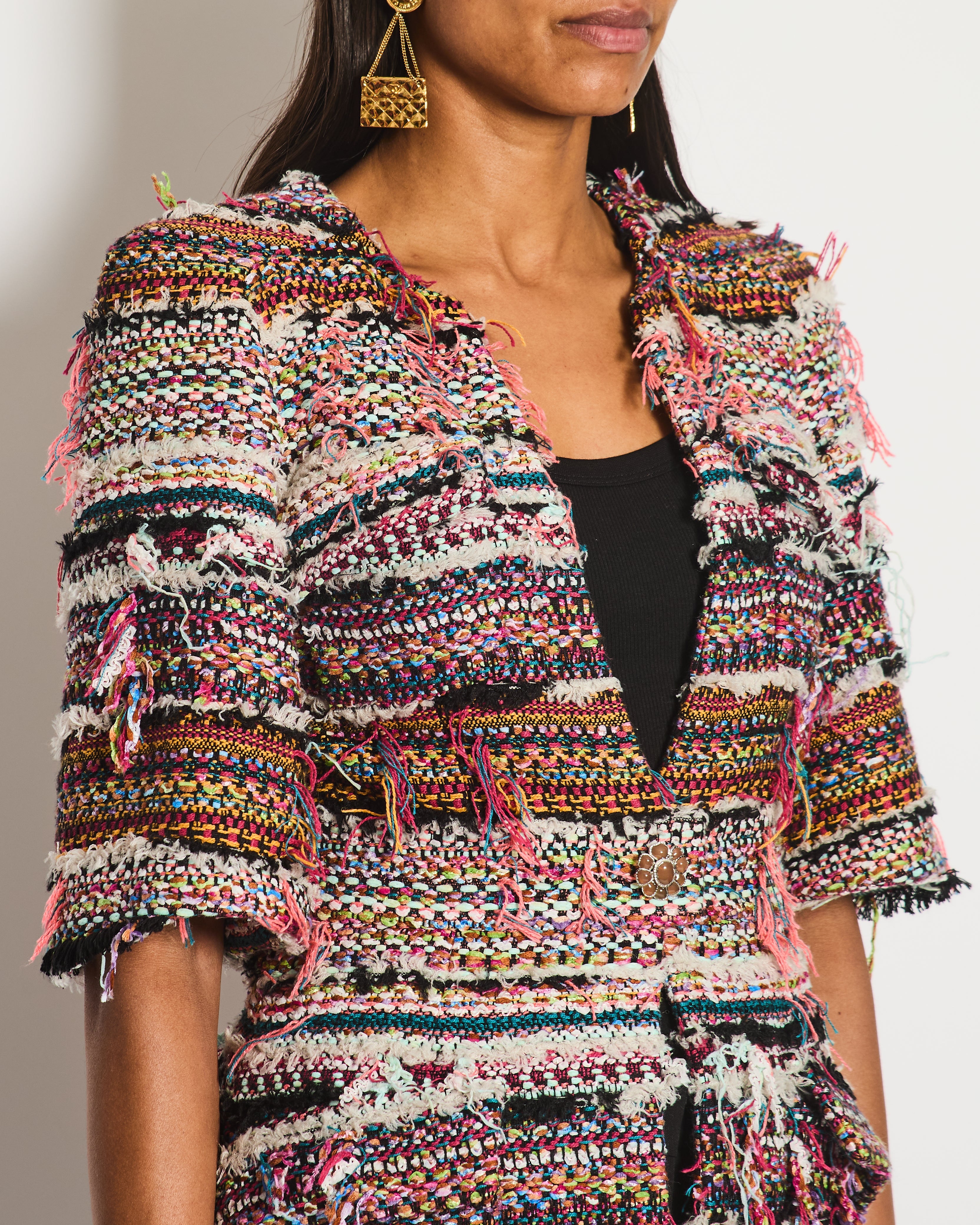 Chanel Paris/Dubai 2015 Pink Fantasy Set Frayed Tweed Short Sleeve Jacket Size FR 34 (UK 6)