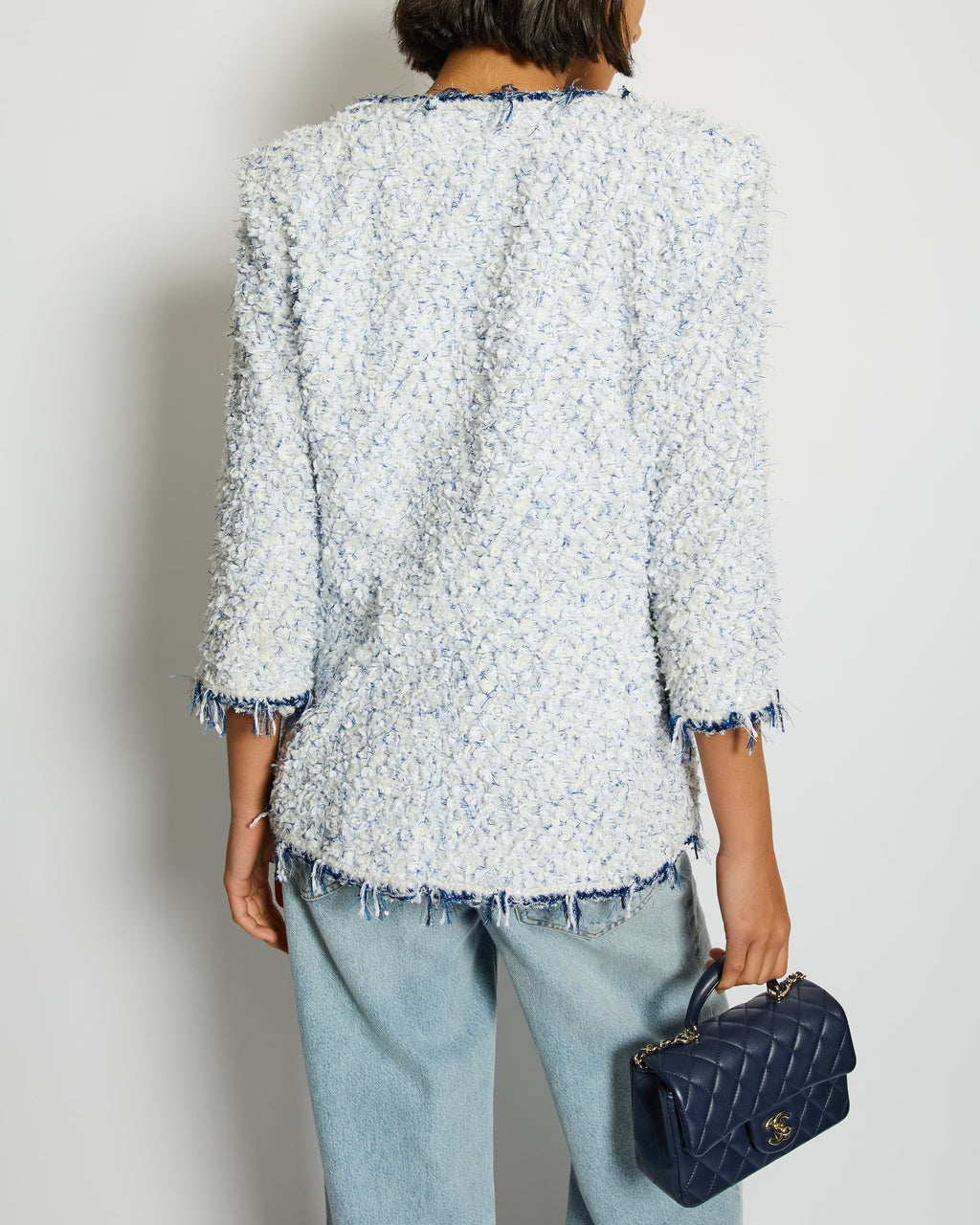 Chanel SS18 White and Blue Fantasy Tweed Jacket with Silver CC Logo Button Detail Size FR 38 (UK 10) RRP £5,100