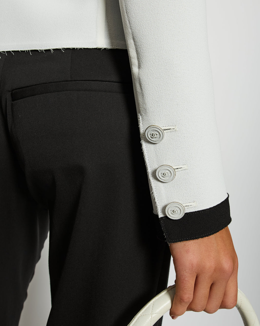Chanel 14S Pale Grey and Black Trim Jacket with Belt and CC Button Details Size FR 34 (UK 6) RRP £3,250
