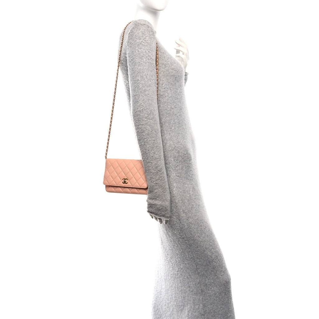 Chanel Lambskin Quilted CC Pearl Crush Wallet on Chain WOC Light Orange