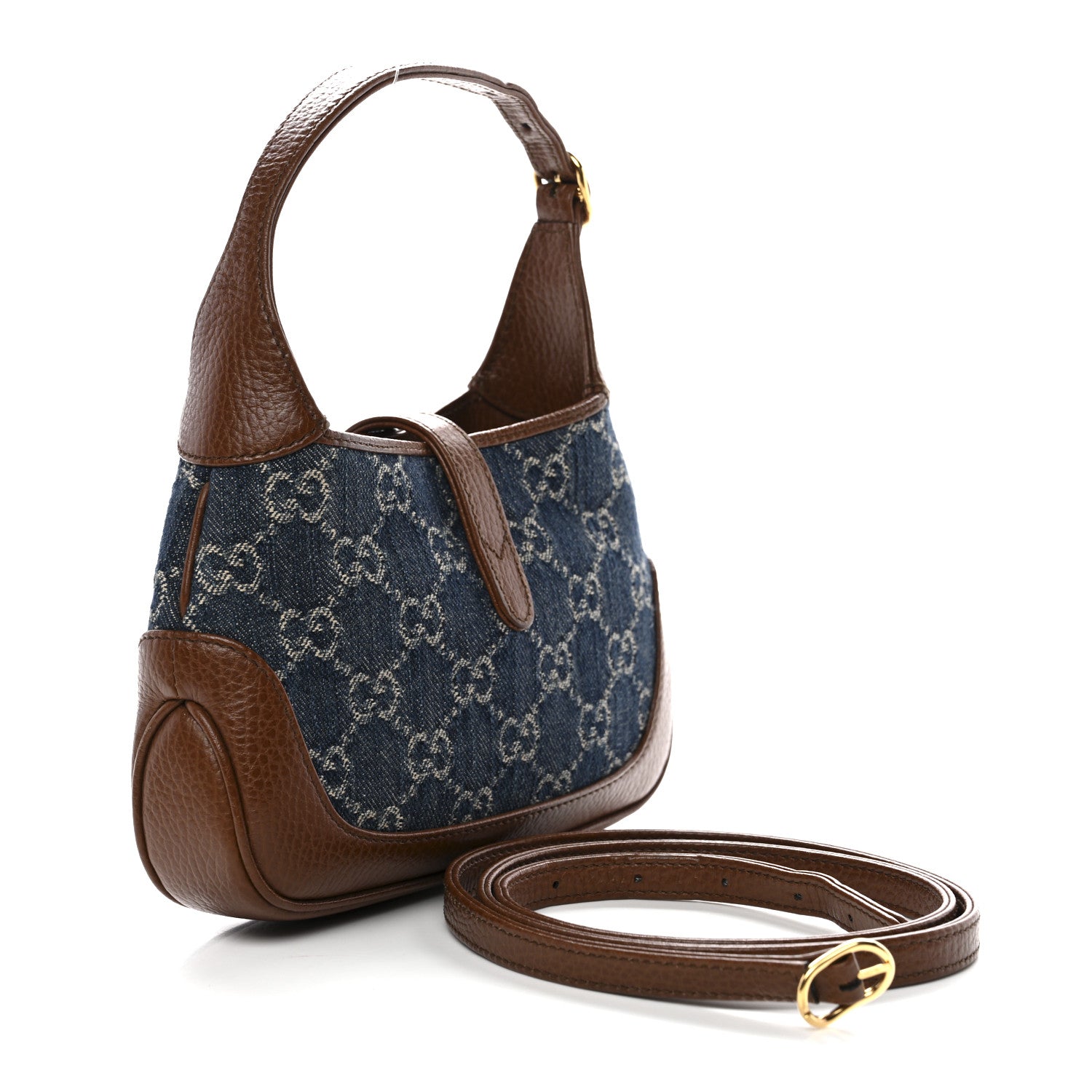Gucci New Denim GG Monogram Calfskin Mini Jackie 1961 Hobo Blue Tea Cuir