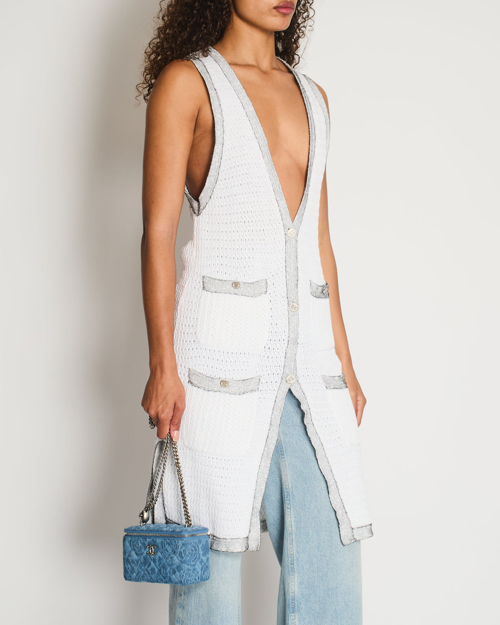 Chanel White Long Line Button Down Vest with Pocket Detail FR 38 (UK 10)