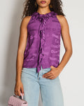 Chanel 22P Purple Silk Sleeveless Button Down Top with Ruffle Neckline and Logo Detail Size FR 38 (UK 10)
