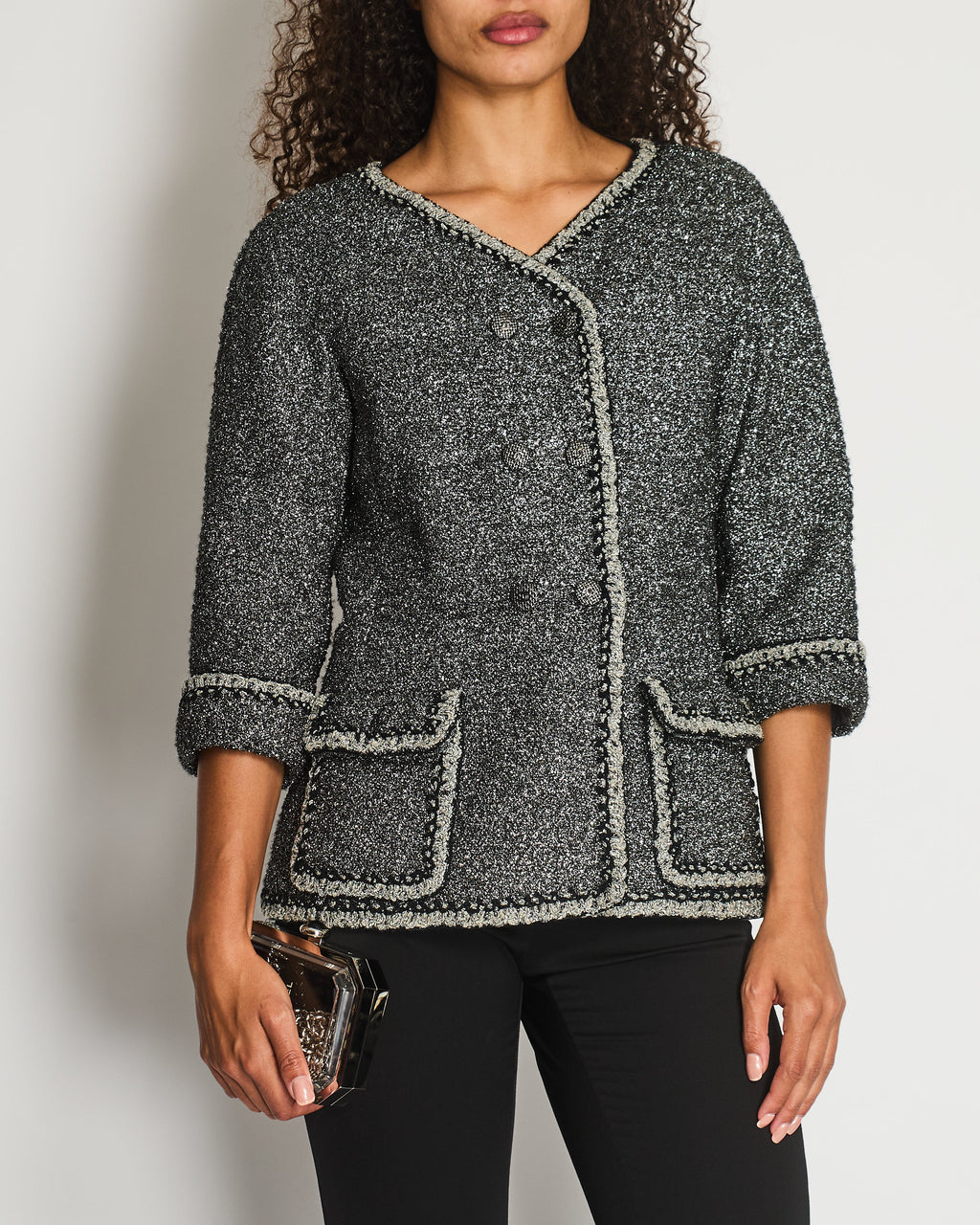 *HOT* Chanel 14/P La Petite Veste Noire Tweed Charcoal Grey Jacket with Silver Detail  Size FR 42 (UK 14)