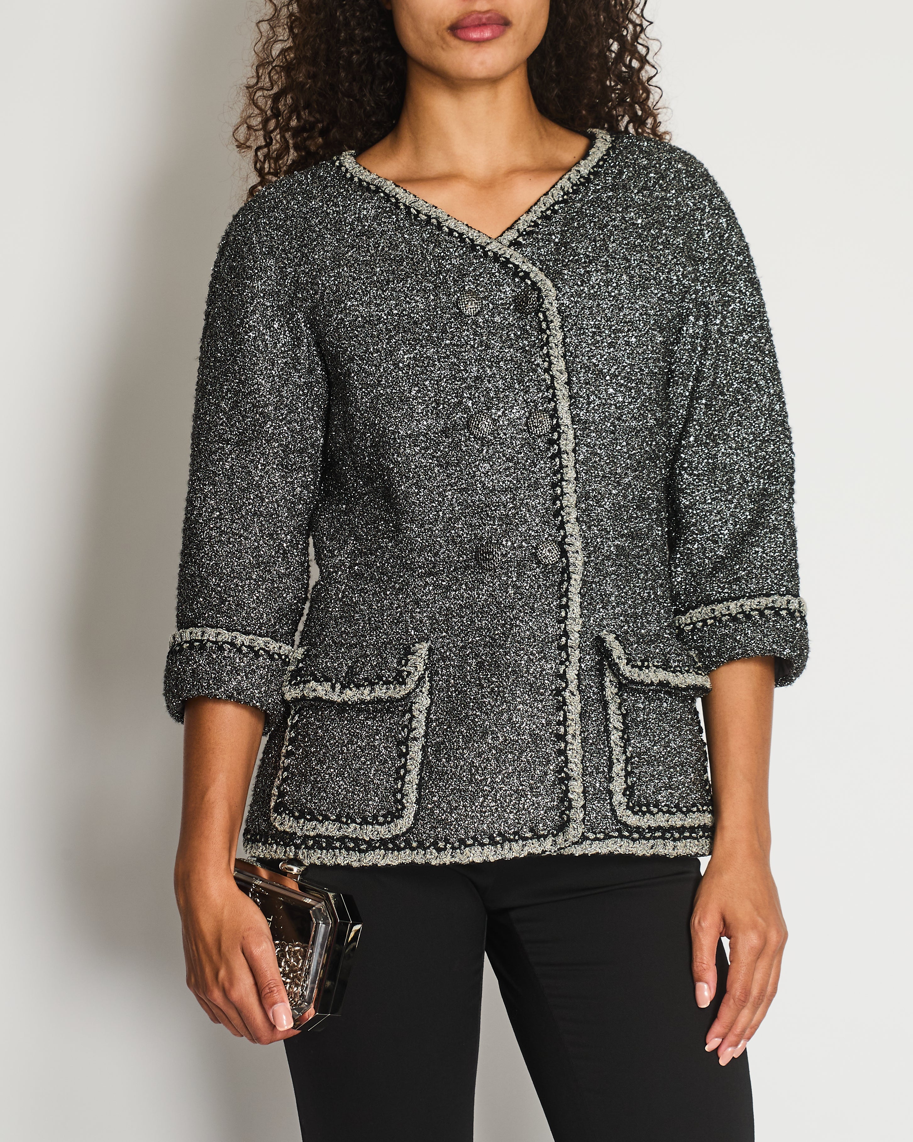 *HOT* Chanel 14/P La Petite Veste Noire Tweed Charcoal Grey Jacket with Silver Detail  Size FR 42 (UK 14)