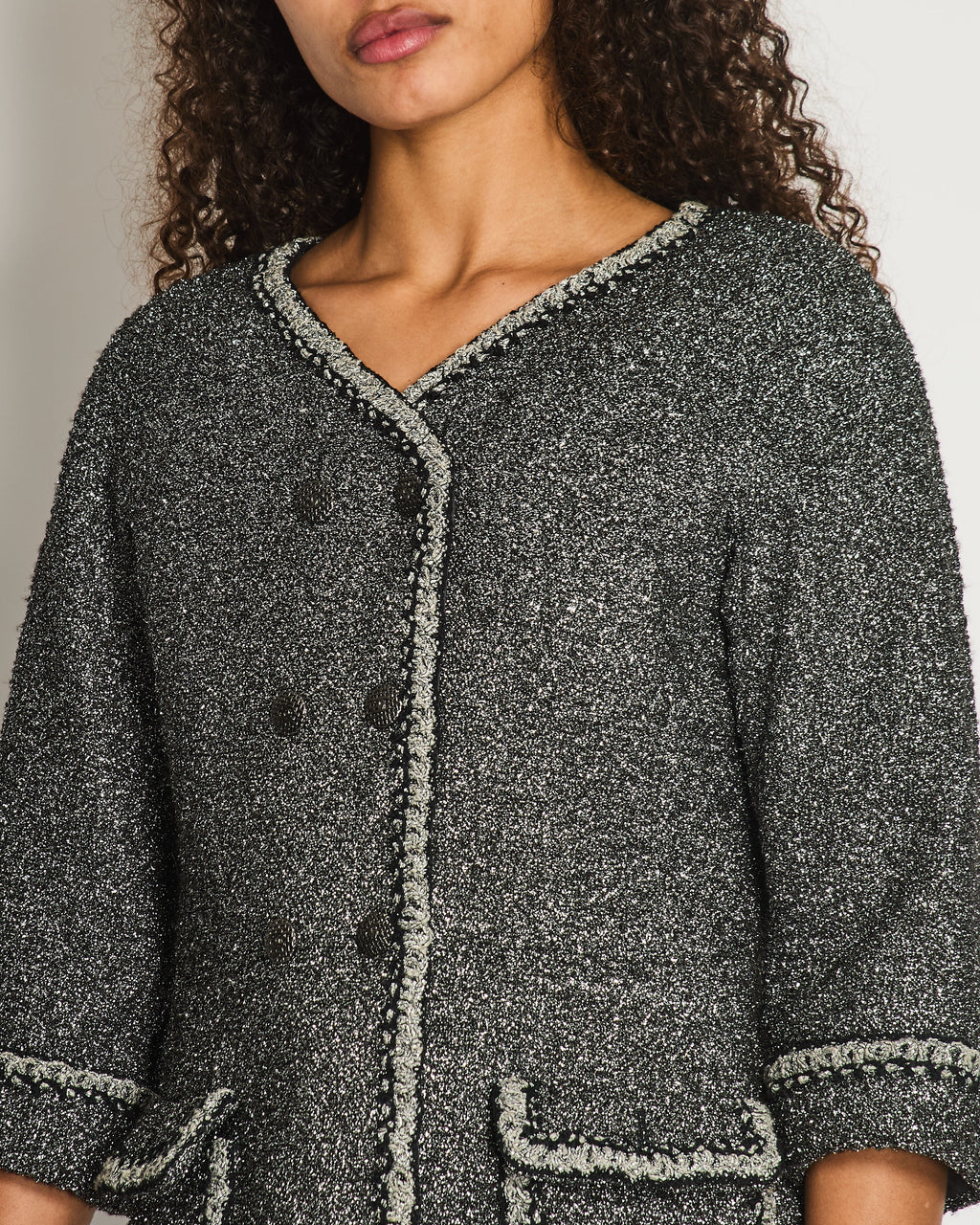 *HOT* Chanel 14/P La Petite Veste Noire Tweed Charcoal Grey Jacket with Silver Detail  Size FR 42 (UK 14)