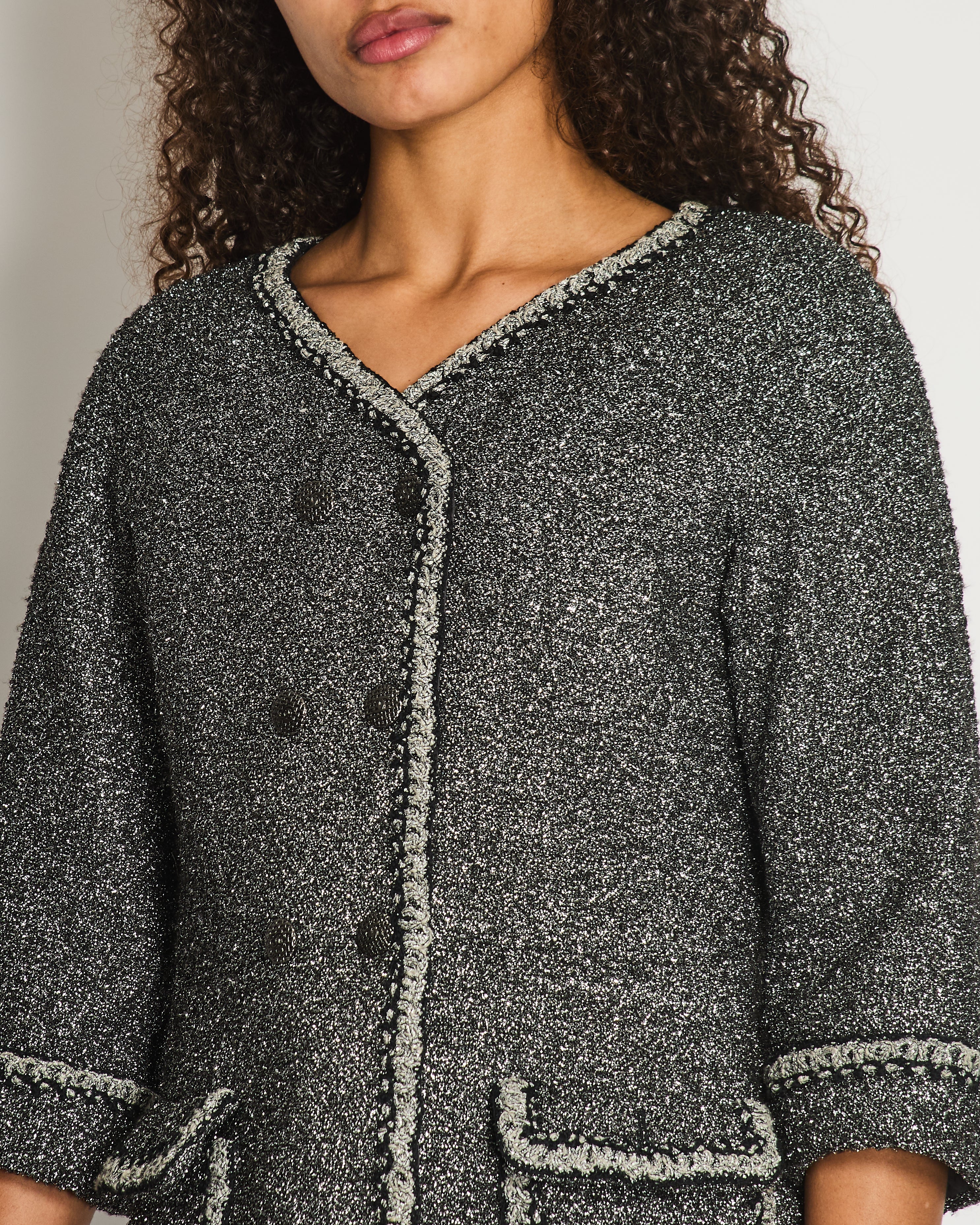 *HOT* Chanel 14/P La Petite Veste Noire Tweed Charcoal Grey Jacket with Silver Detail  Size FR 42 (UK 14)