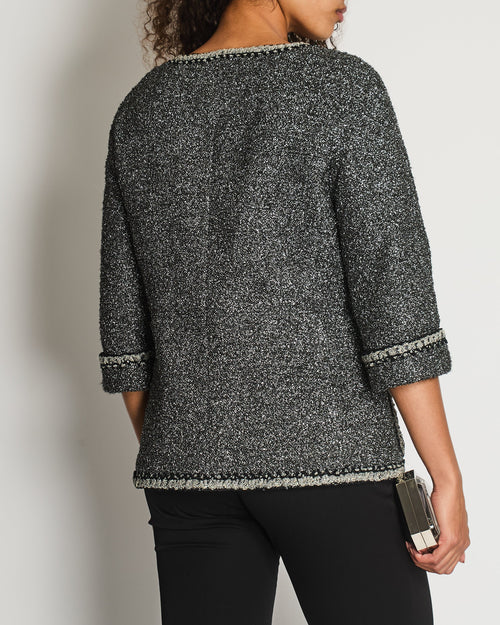 *HOT* Chanel 14/P La Petite Veste Noire Tweed Charcoal Grey Jacket with Silver Detail  Size FR 42 (UK 14)