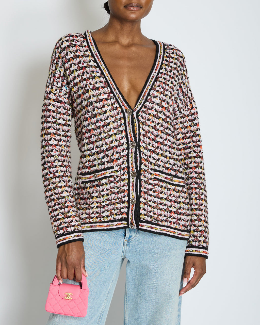 Chanel Multi-Colour Long Sleeve Cashmere Blend Knit Cardigan with Silver CC Logo Buttons Size FR 36 (UK 8)