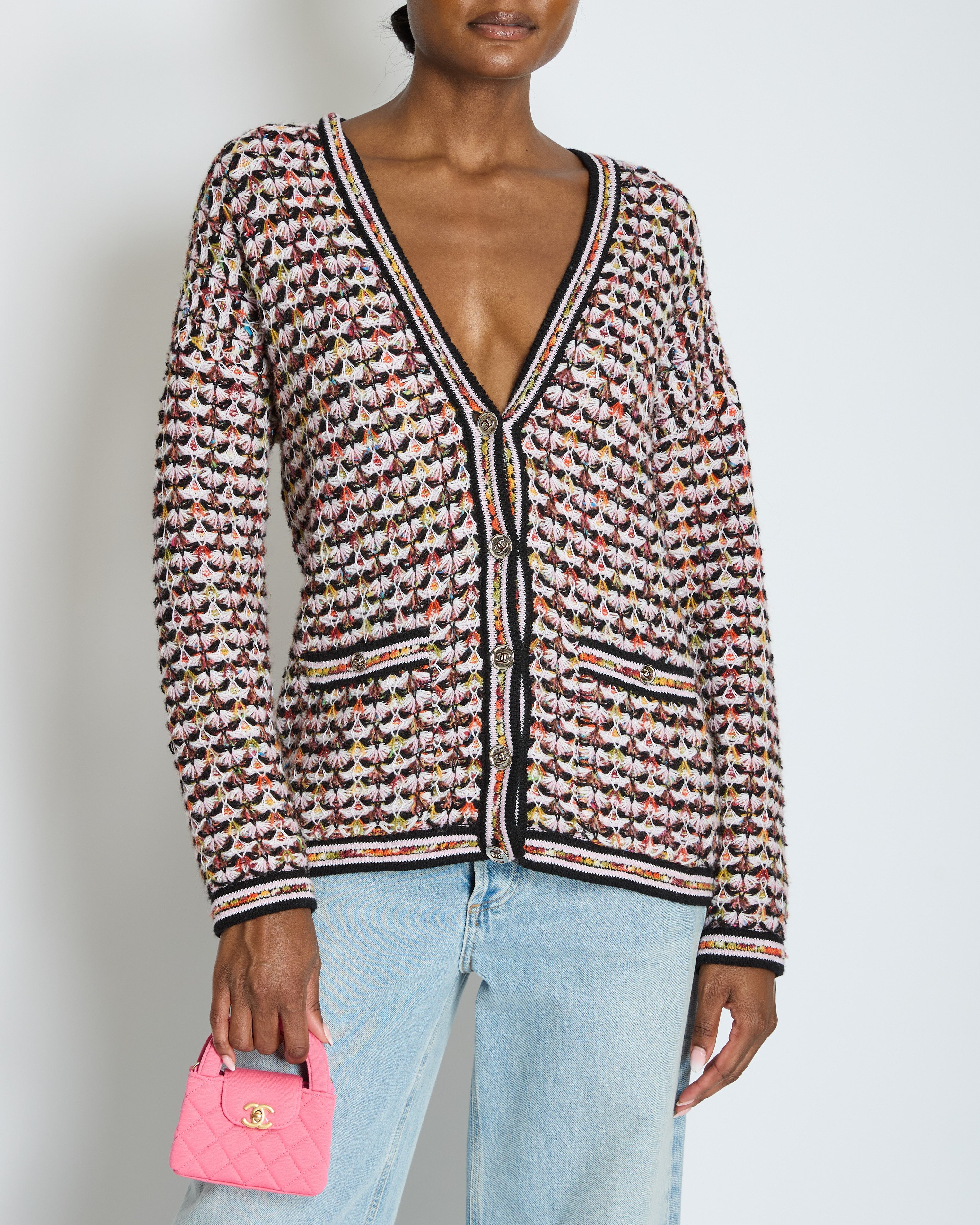Chanel Multi-Colour Long Sleeve Cashmere Blend Knit Cardigan with Silver CC Logo Buttons Size FR 36 (UK 8)