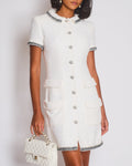 *HOT* Chanel 20S White Tweed Short-Sleeve Mini Dress with Silver Buttons and Embellishments Details FR 38 (UK 10) RRP £5,250