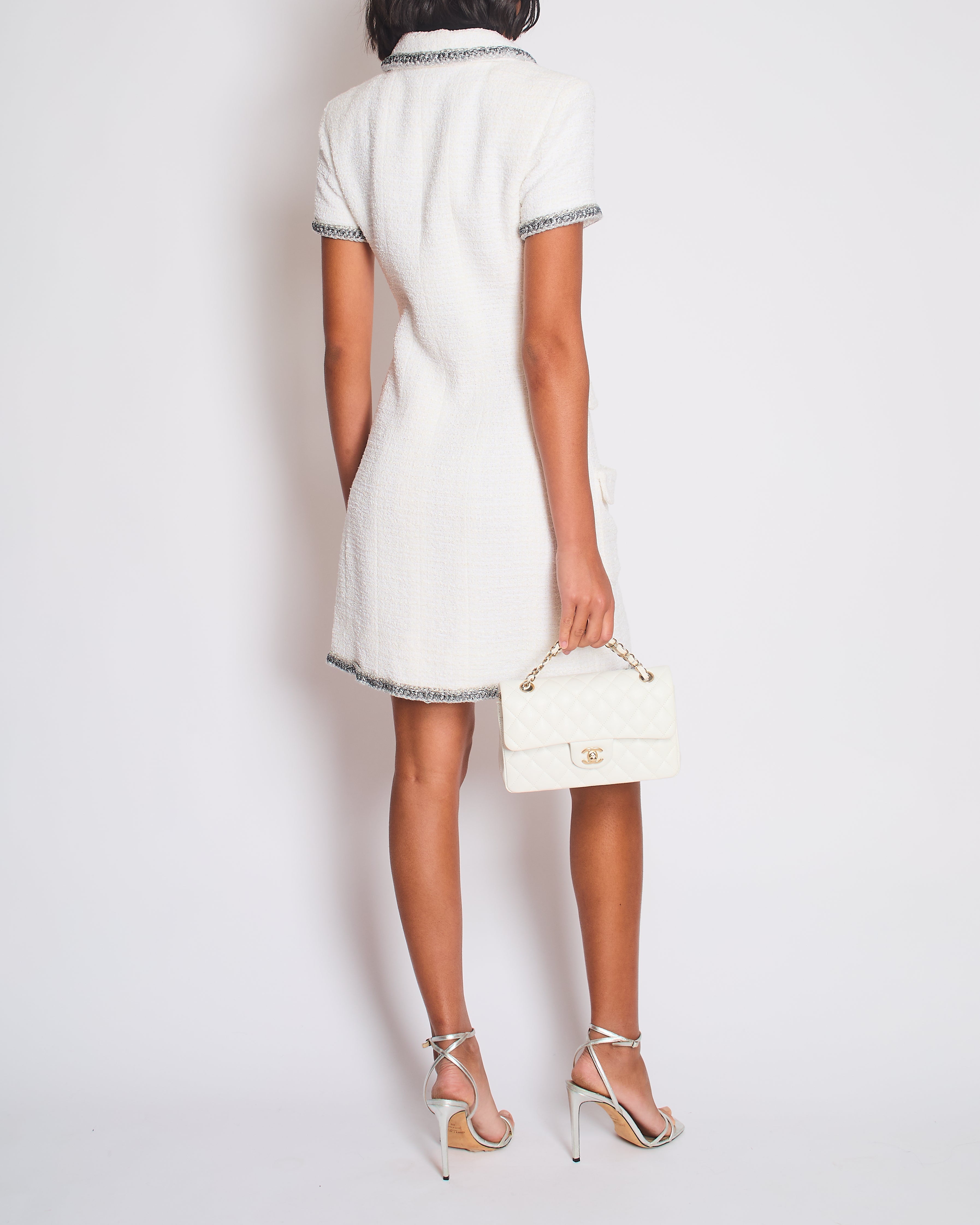 *HOT* Chanel 20S White Tweed Short-Sleeve Mini Dress with Silver Buttons and Embellishments Details FR 42 (UK 14) RRP £5,250