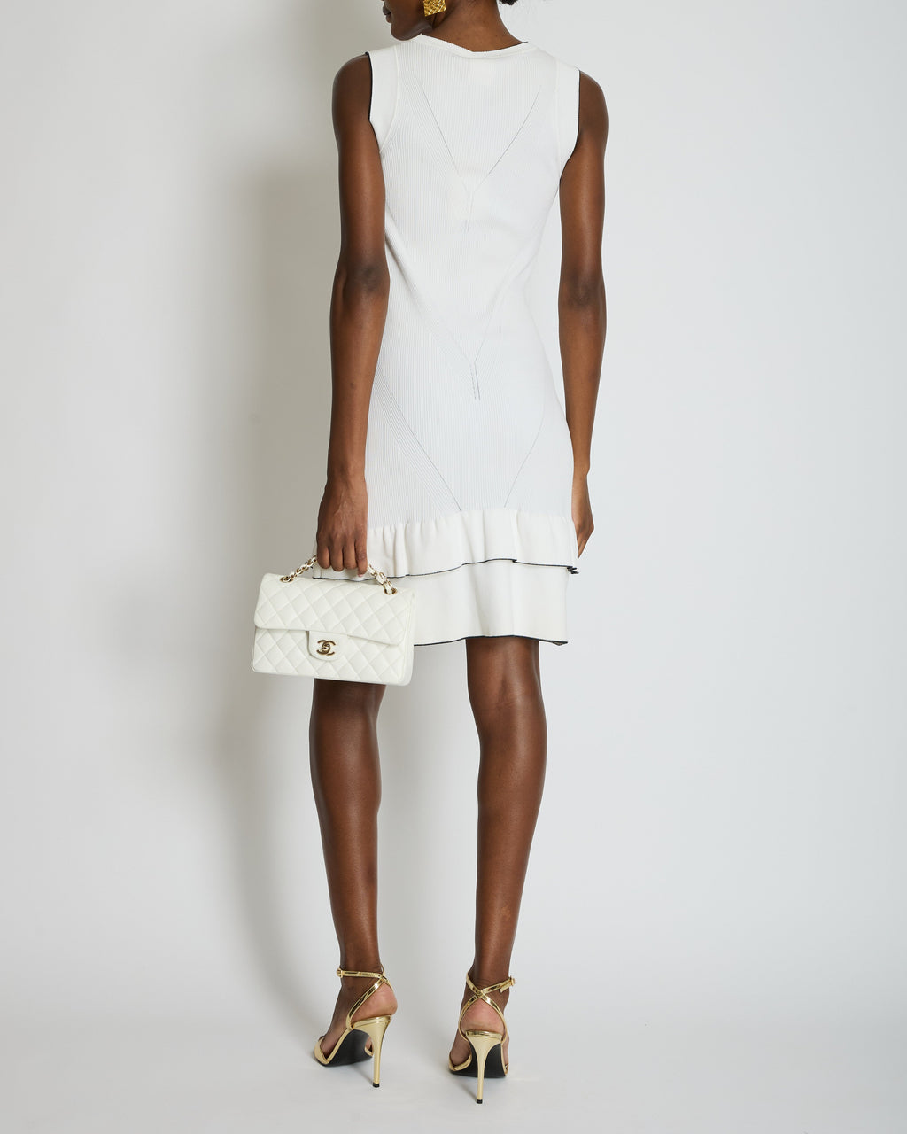 Chanel 08P Cream Sleeveless Knitted Short Dress with Silver CC Logo Button and Navy Hem Details Size FR 36 (UK 8)