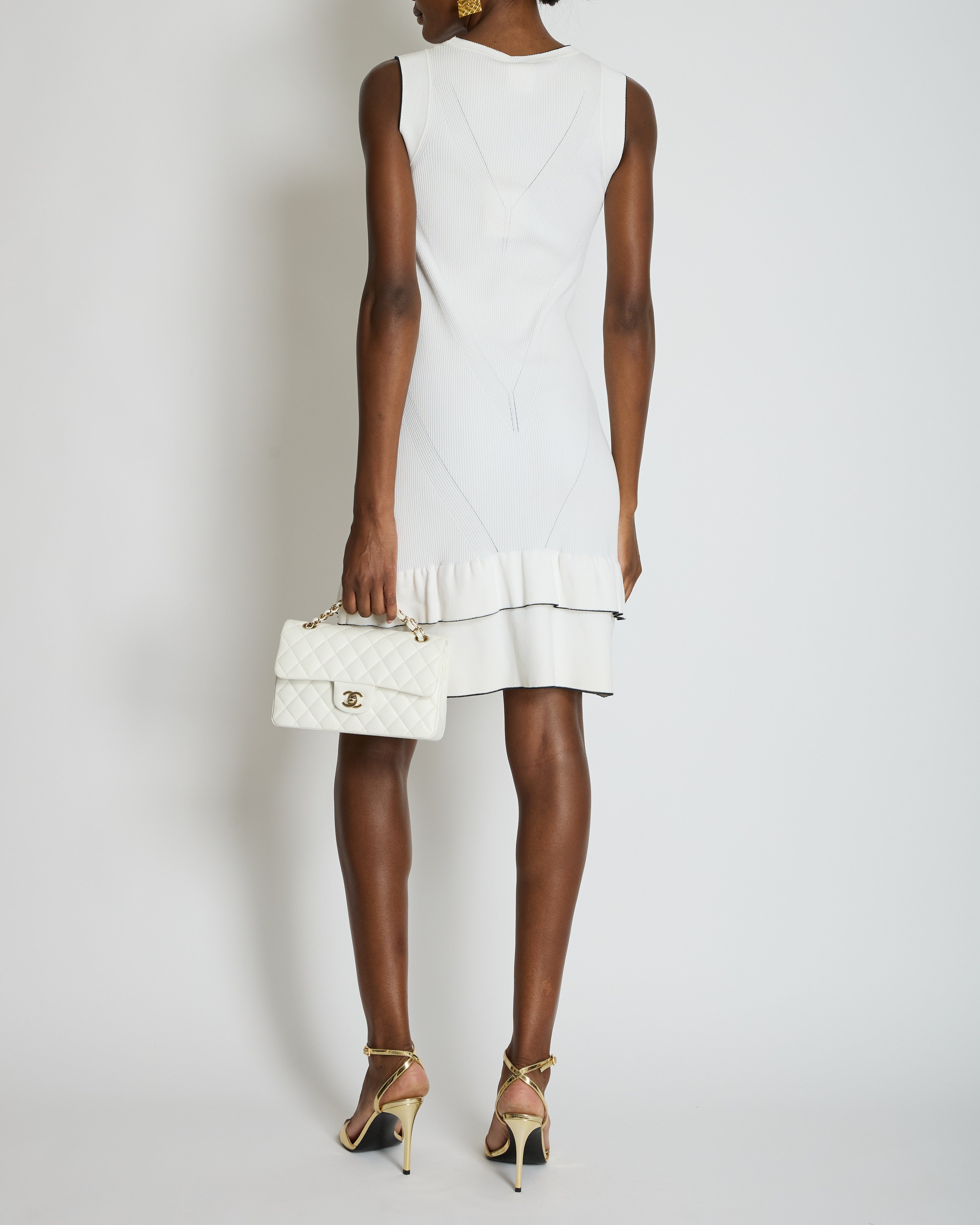 Chanel 08P Cream Sleeveless Knitted Short Dress with Silver CC Logo Button and Navy Hem Details Size FR 36 (UK 8)