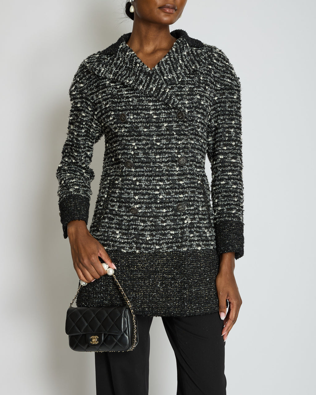 Chanel Black, Grey & White Tweed Double Breasted Jacket with Black CC Logo Buttons Size FR 36 (UK 8)