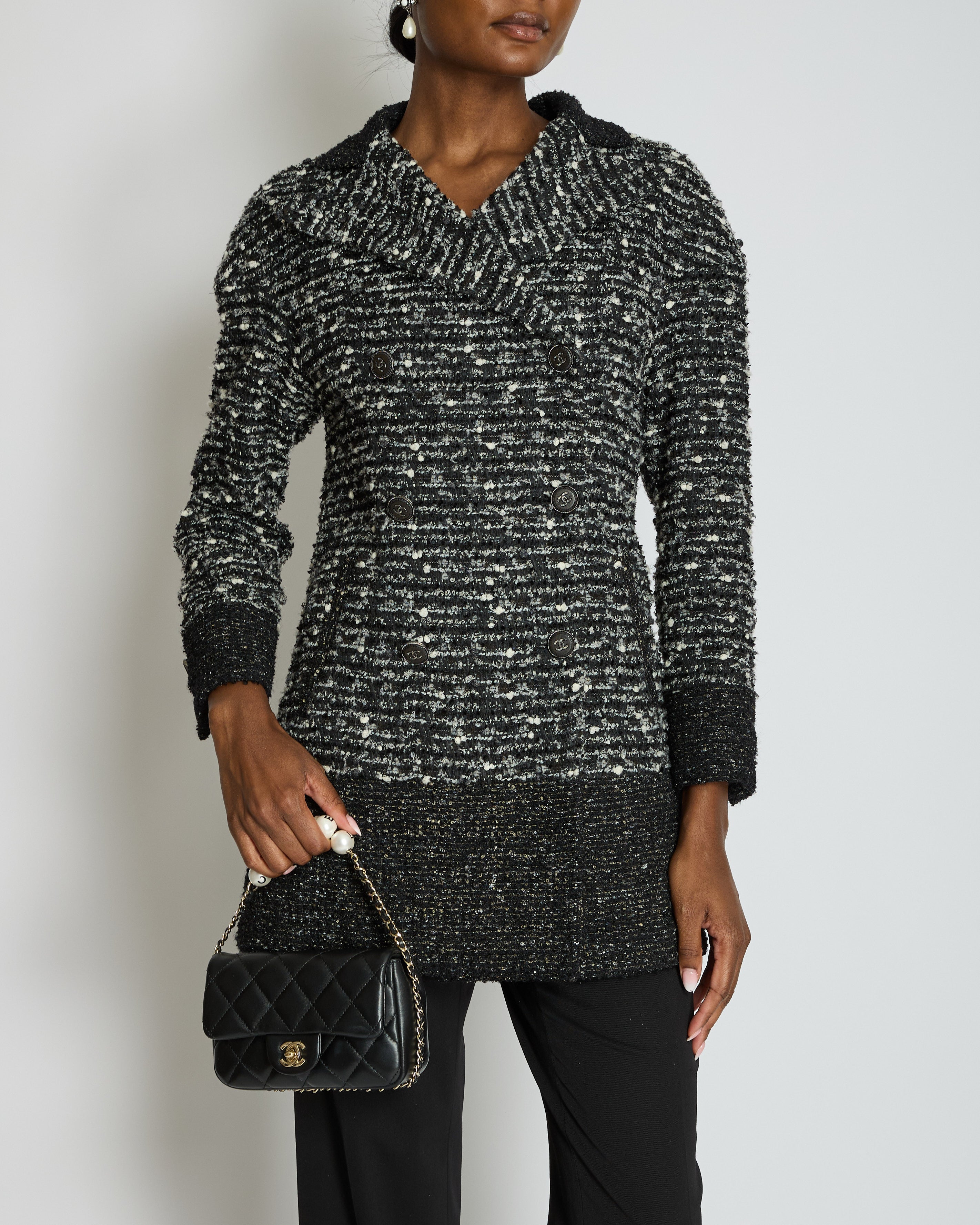 Chanel Black, Grey & White Tweed Double Breasted Jacket with Black CC Logo Buttons Size FR 36 (UK 8)