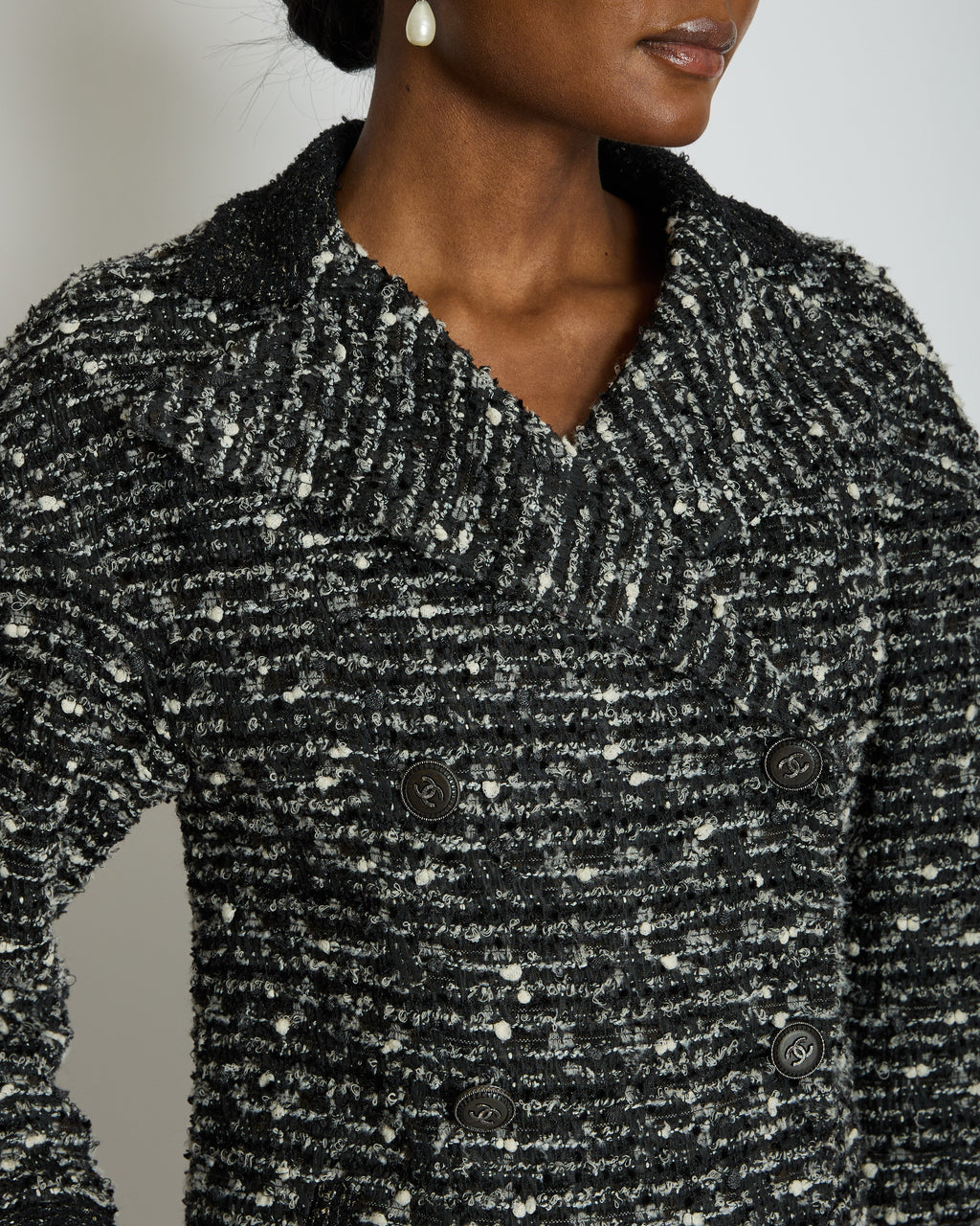 Chanel Black, Grey & White Tweed Double Breasted Jacket with Black CC Logo Buttons Size FR 36 (UK 8)