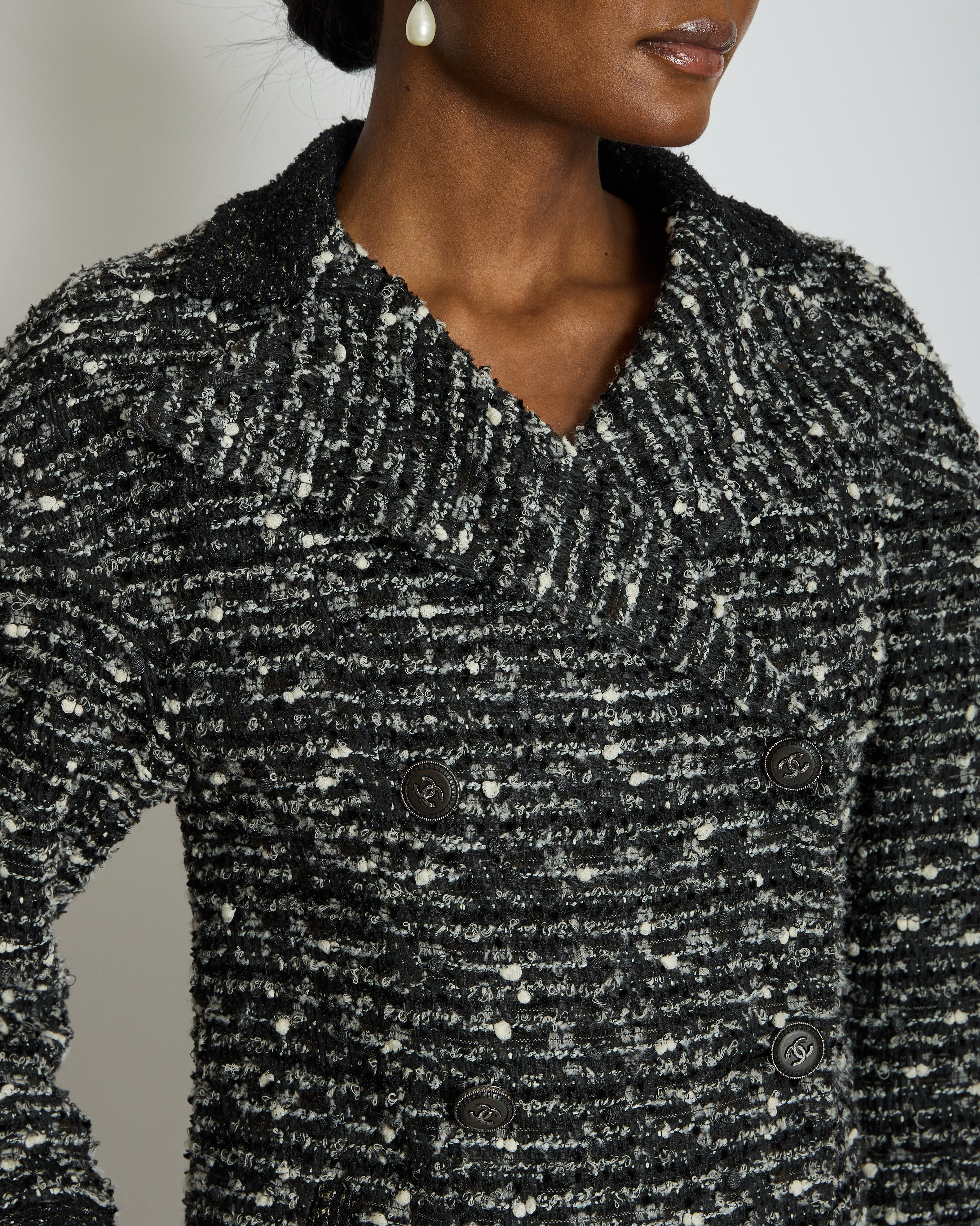Chanel Black, Grey & White Tweed Double Breasted Jacket with Black CC Logo Buttons Size FR 36 (UK 8)