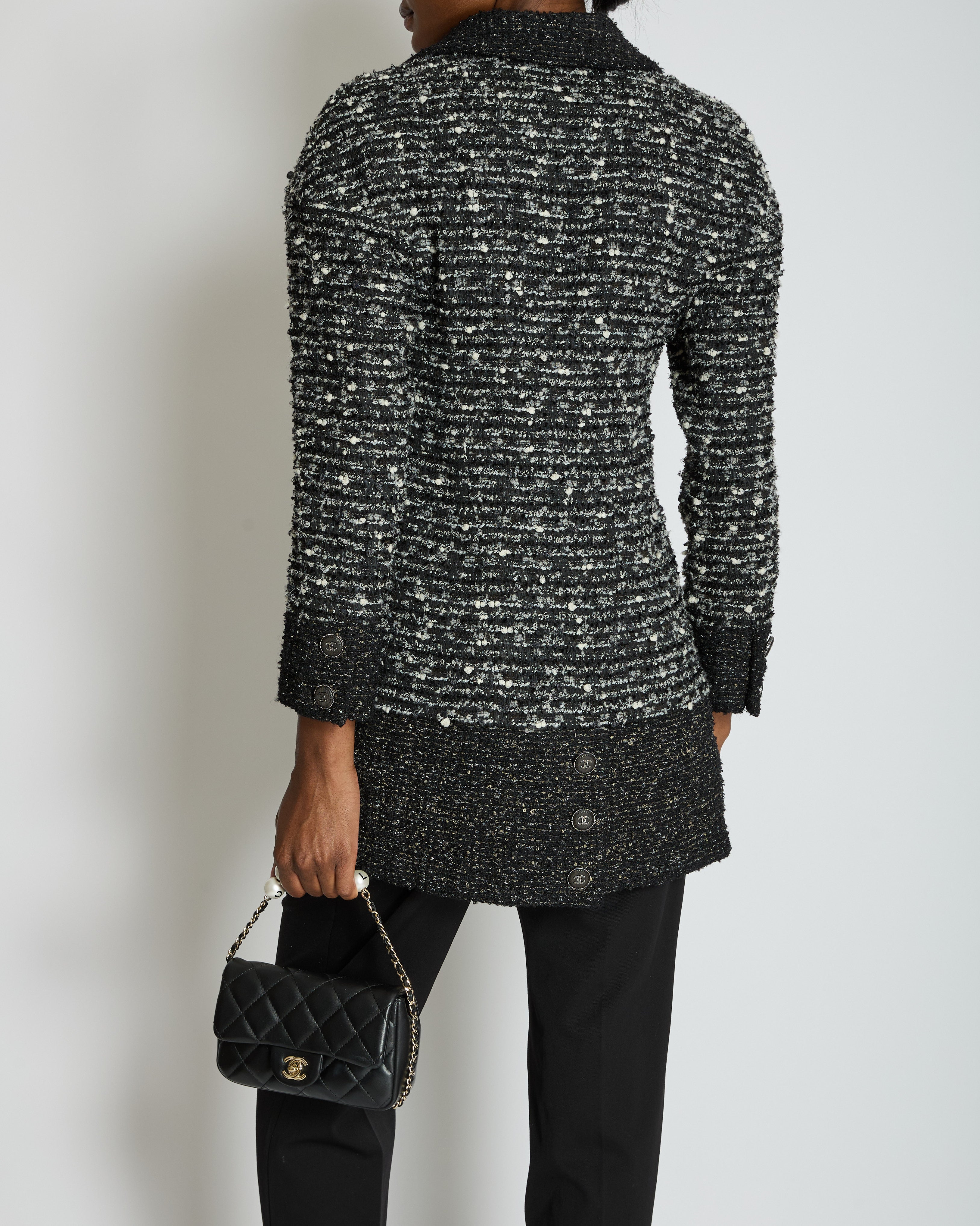 Chanel Black, Grey & White Tweed Double Breasted Jacket with Black CC Logo Buttons Size FR 36 (UK 8)