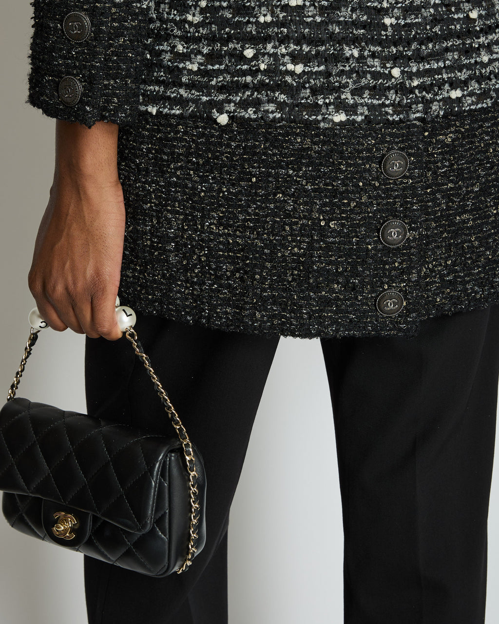 Chanel Black, Grey & White Tweed Double Breasted Jacket with Black CC Logo Buttons Size FR 36 (UK 8)