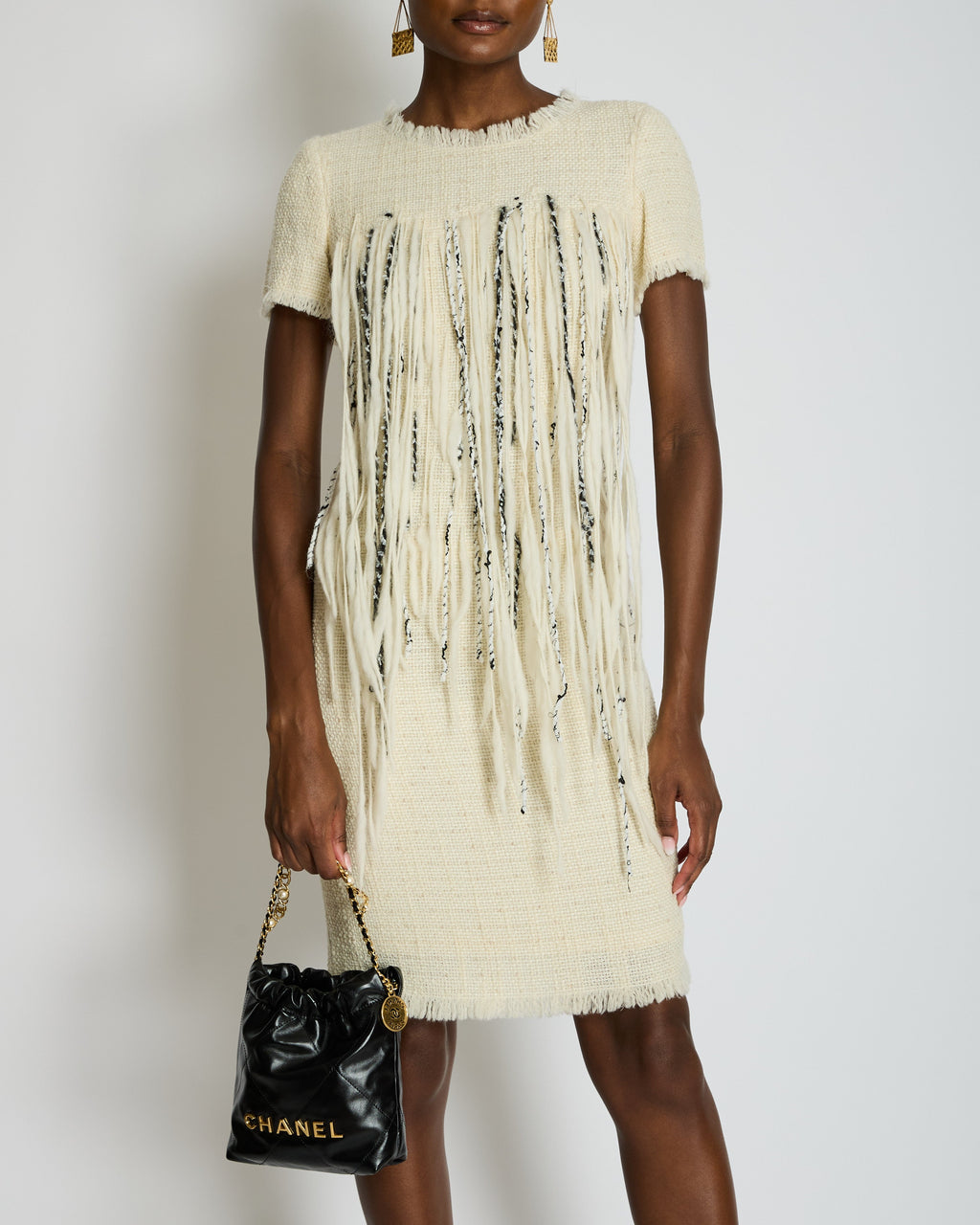 Chanel 10/P Beige Tweed Short-Sleeve Mini Dress with Fringe Applique and Small Beads Size FR 38 (UK 10)