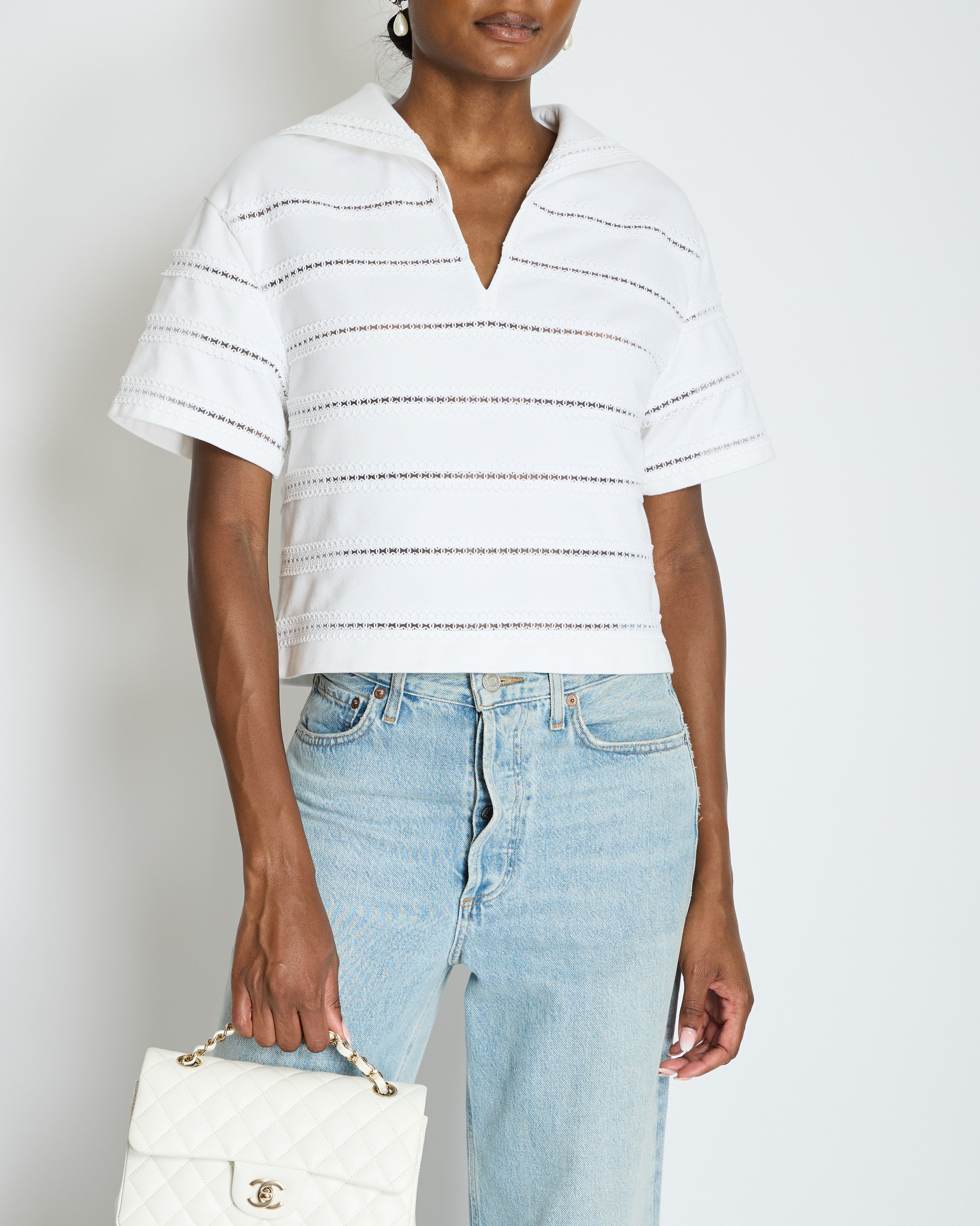 Chanel White Blouse with CC Logo Embroideries Size FR 34 (UK 6)