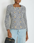 Chanel White and Navy Tweed Double Breasted Jacket with Gold Flower Button Detail FR 36 - 38 (UK 8 - 10)