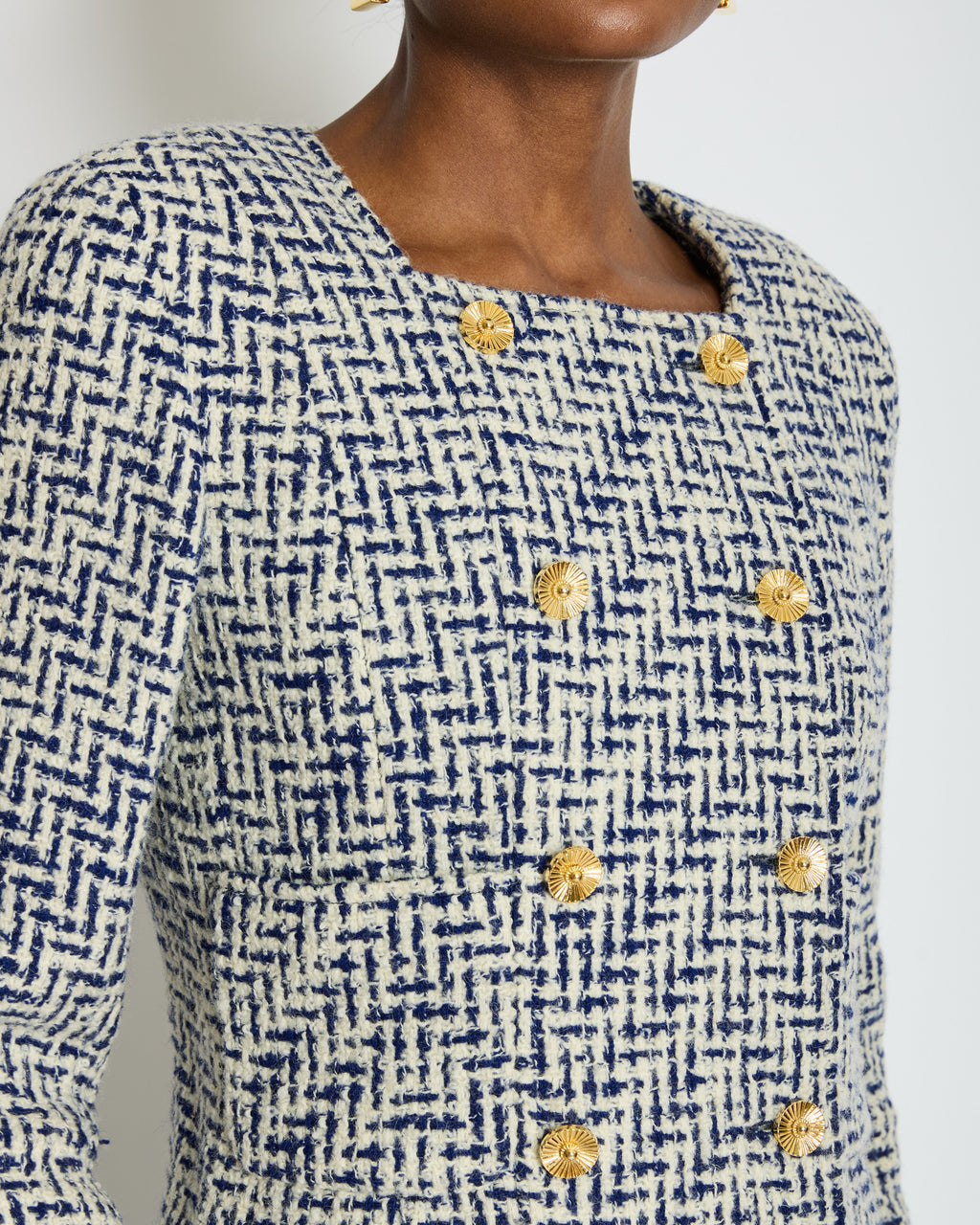 Chanel White and Navy Tweed Double Breasted Jacket with Gold Flower Button Detail FR 36 - 38 (UK 8 - 10)