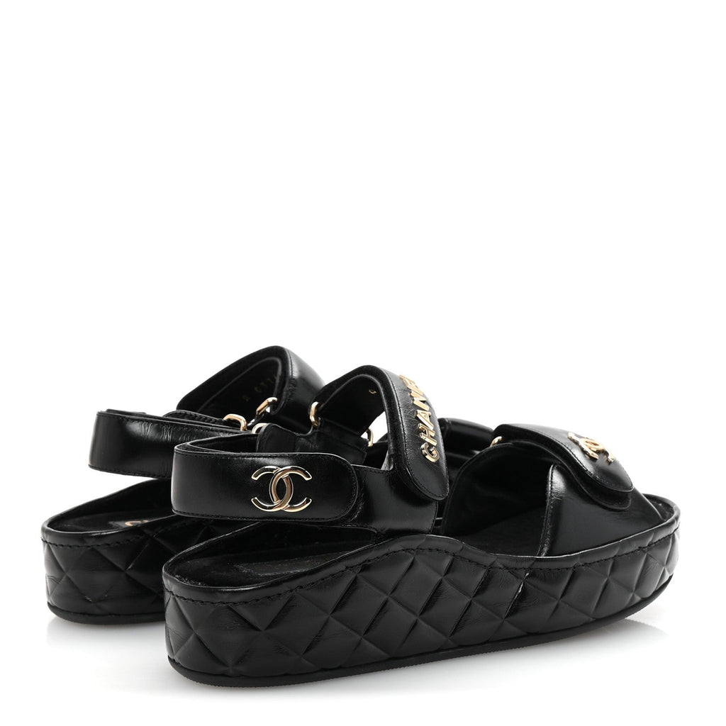 Chanel Shiny Calfskin Logo Platform Sandals 37 Black