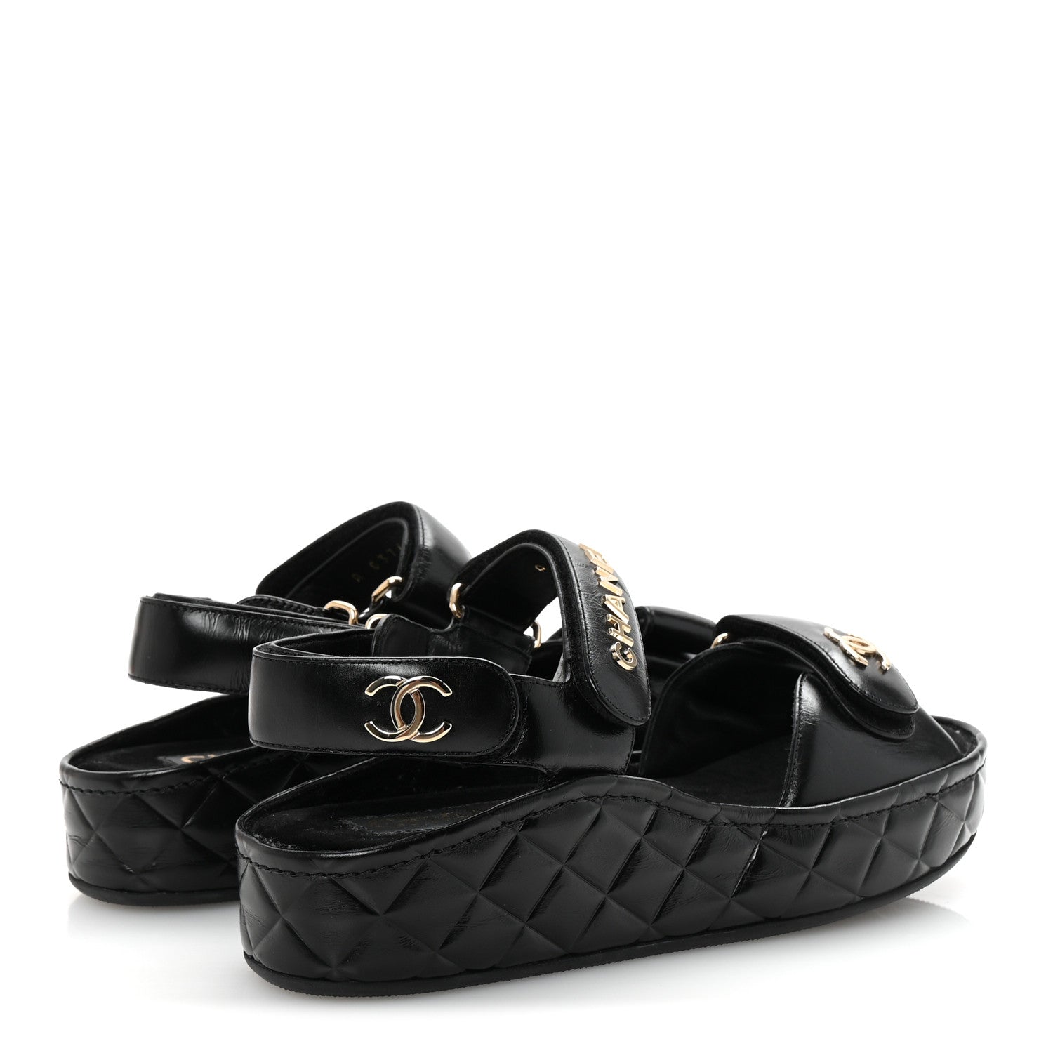 Chanel Shiny Calfskin Logo Platform Sandals 37 Black