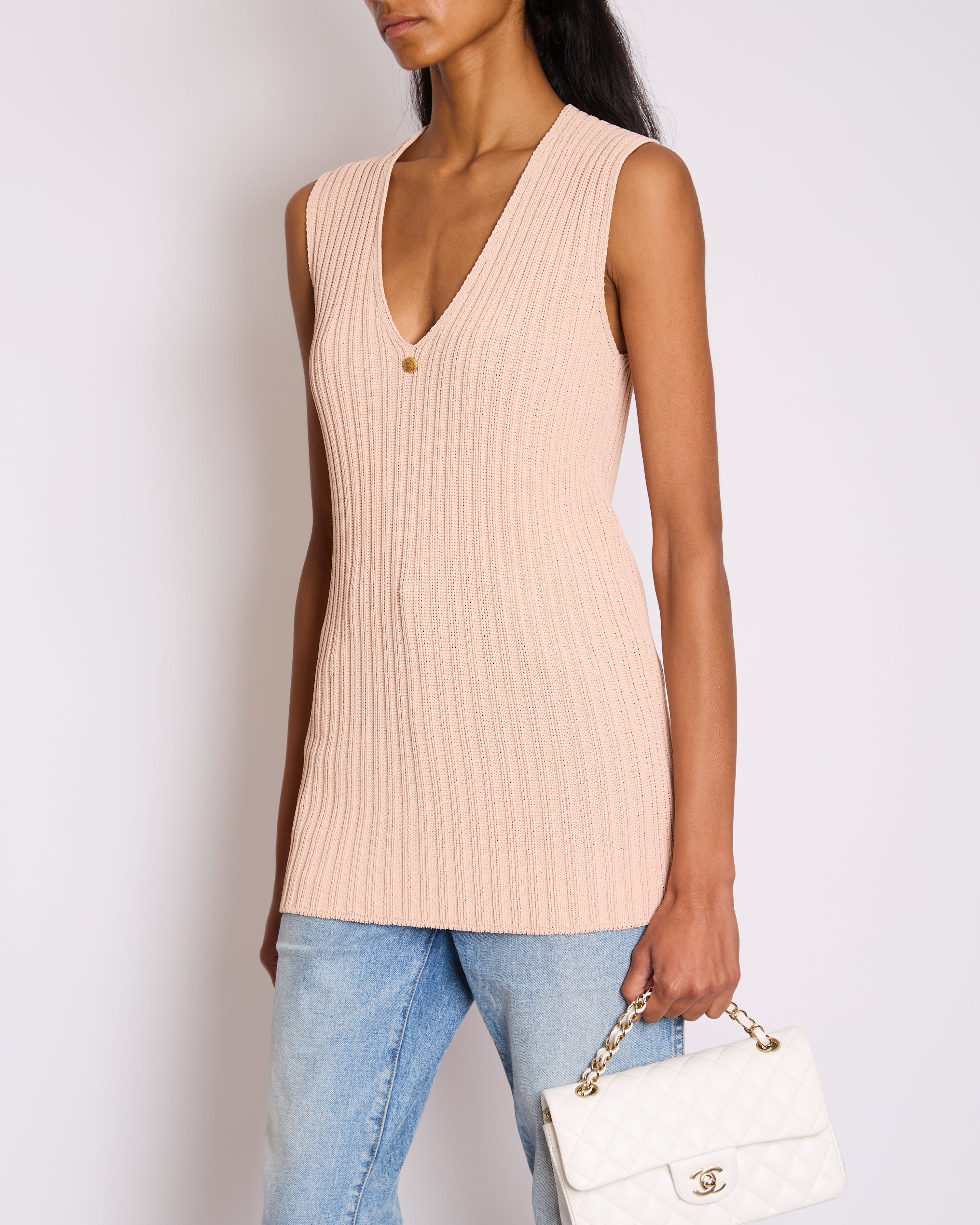 Chanel Baby Pink Knitted Sleeveless Vest with Gold CC Button Detail FR 38 (UK 10)