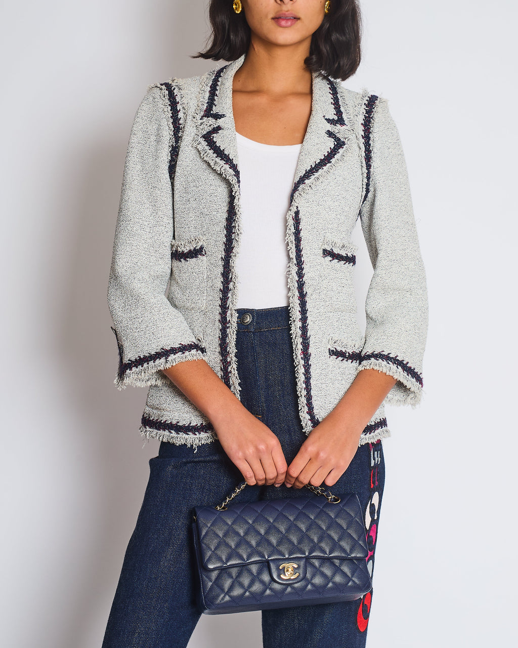 Chanel 08P Light Grey Tweed Jacket with Contrast Navy and Red Tweed Trim with CC Detail Buttons On The Cuff Size FR 38 (UK 10)