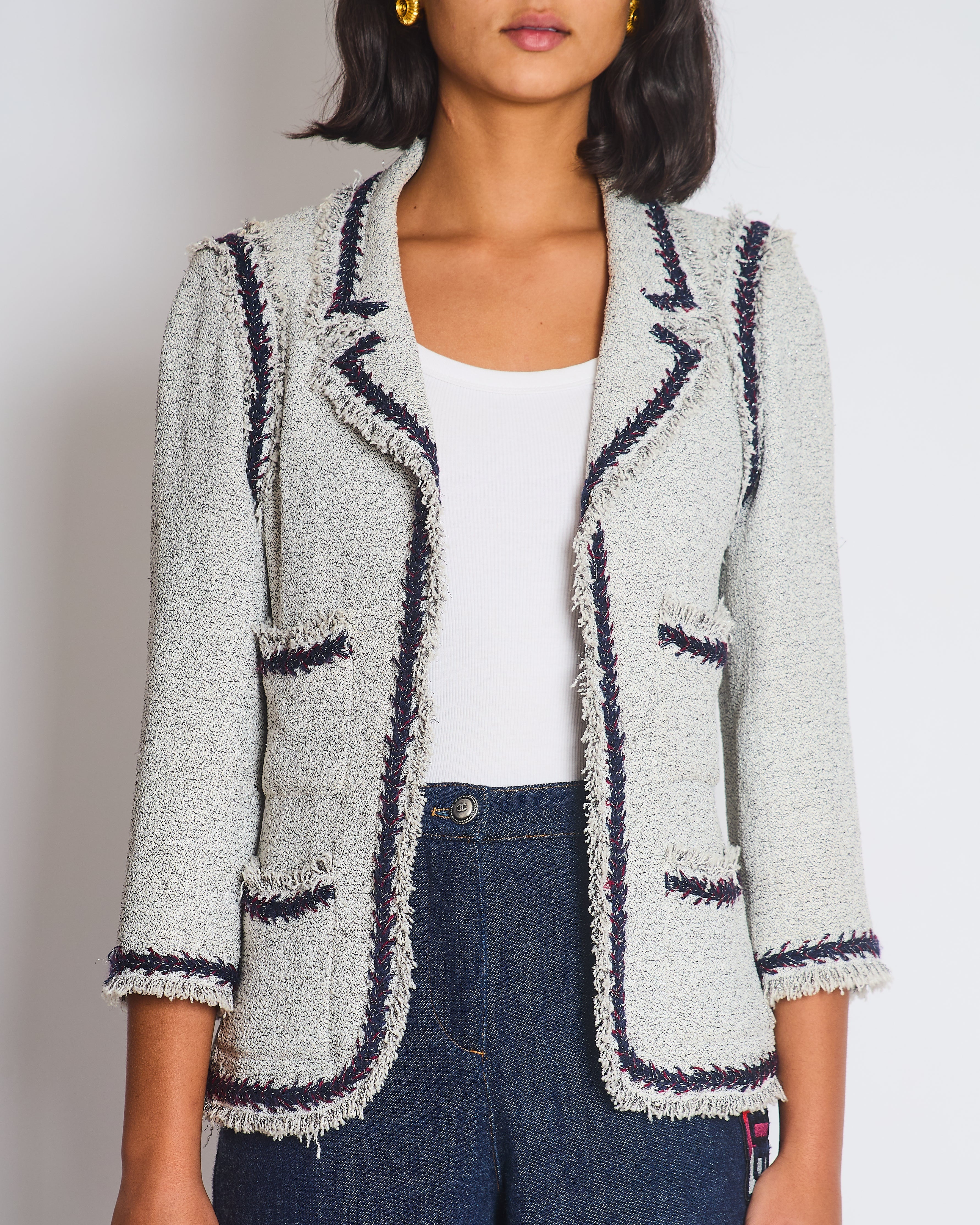 Chanel 08P Light Grey Tweed Jacket with Contrast Navy and Red Tweed Trim with CC Detail Buttons On The Cuff Size FR 38 (UK 10)