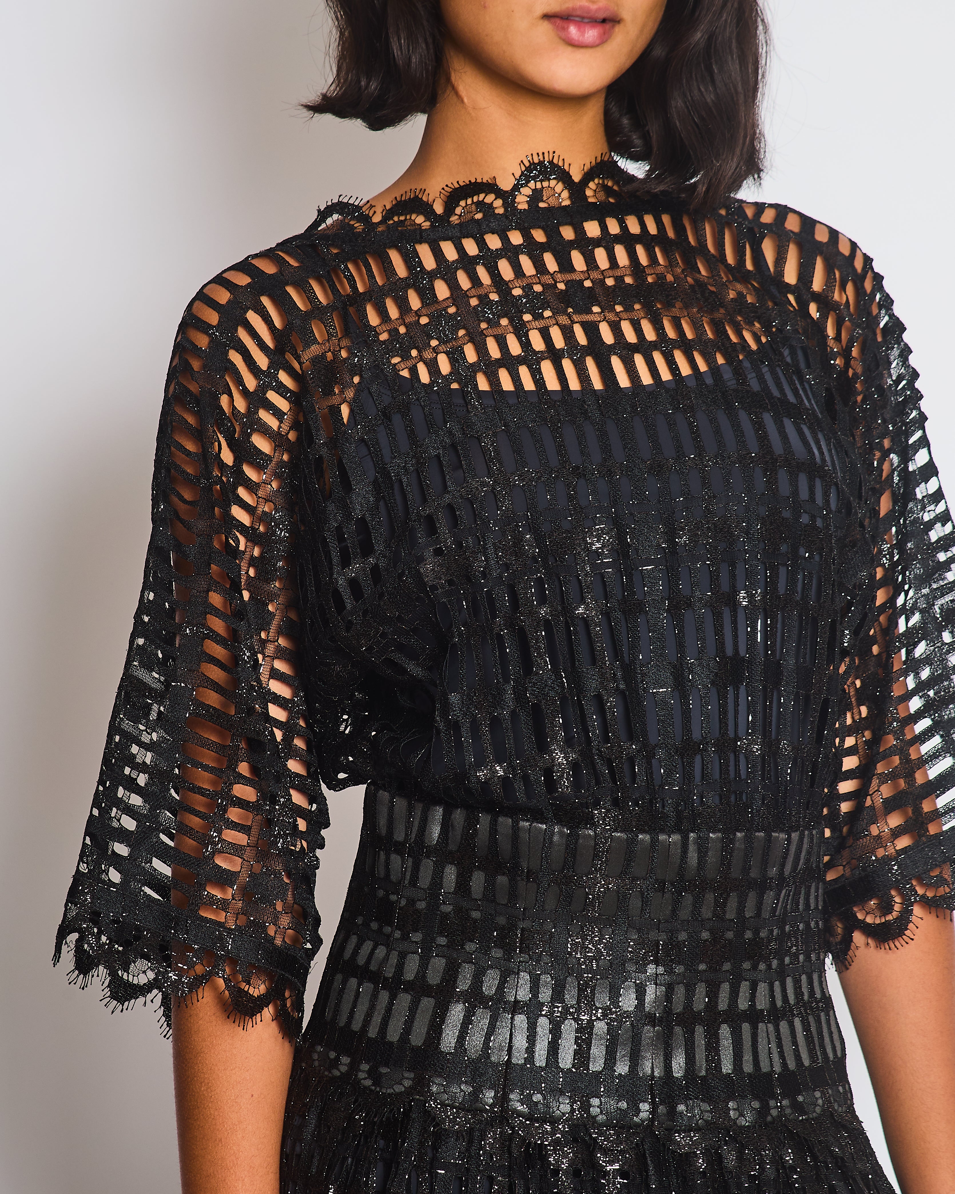 Chanel Black Iridescent Lace Dress With Concealed Zip Closure At Front Size FR 38 (UK 10)