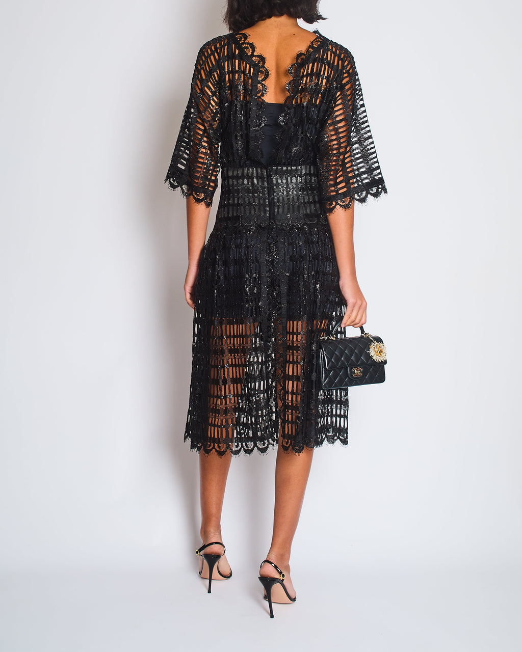 Chanel Black Iridescent Lace Dress With Concealed Zip Closure At Front Size FR 38 (UK 10)