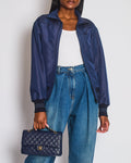 Chanel 17/A Navy Satin Bomber Jacket with Glitter Trim and CC Button Detail Size FR 34 (UK 6)