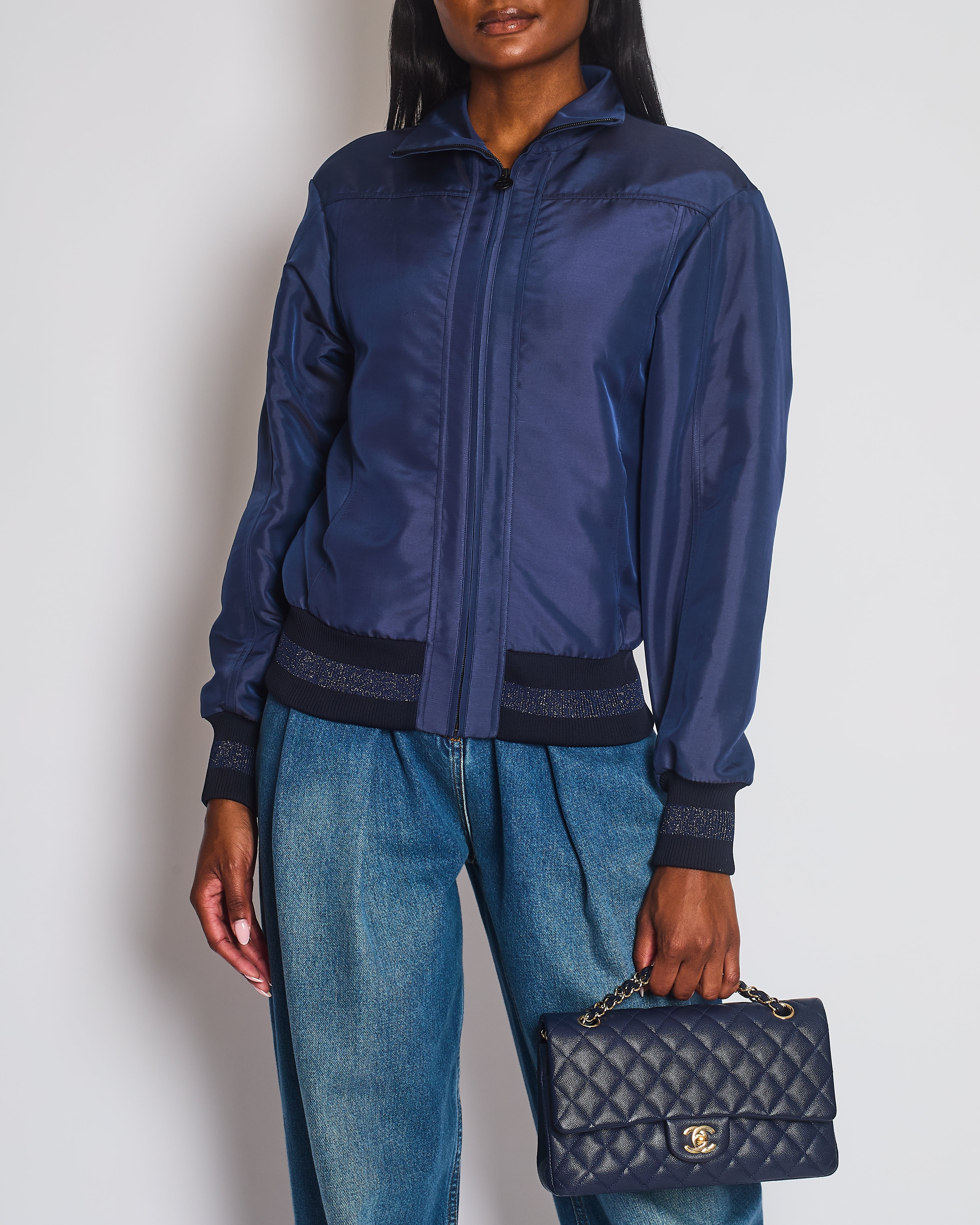 Chanel 17/A Navy Satin Bomber Jacket with Glitter Trim and CC Button Detail Size FR 34 (UK 6)