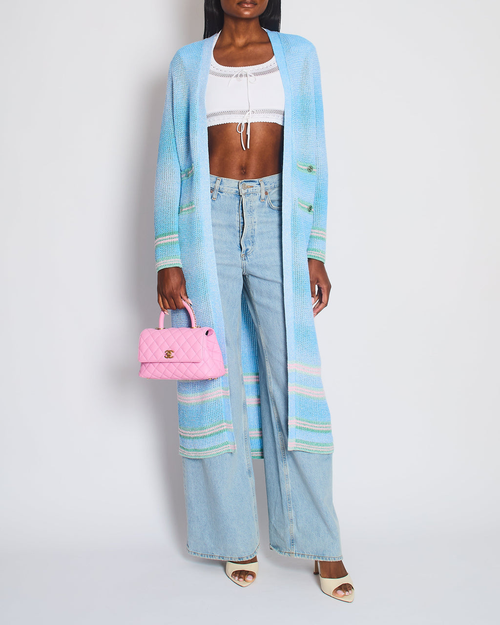 Chanel 23S Blue Knitted Long-Line Striped Cardigan with CC Button Detail Size Fr 34 (UK 6)