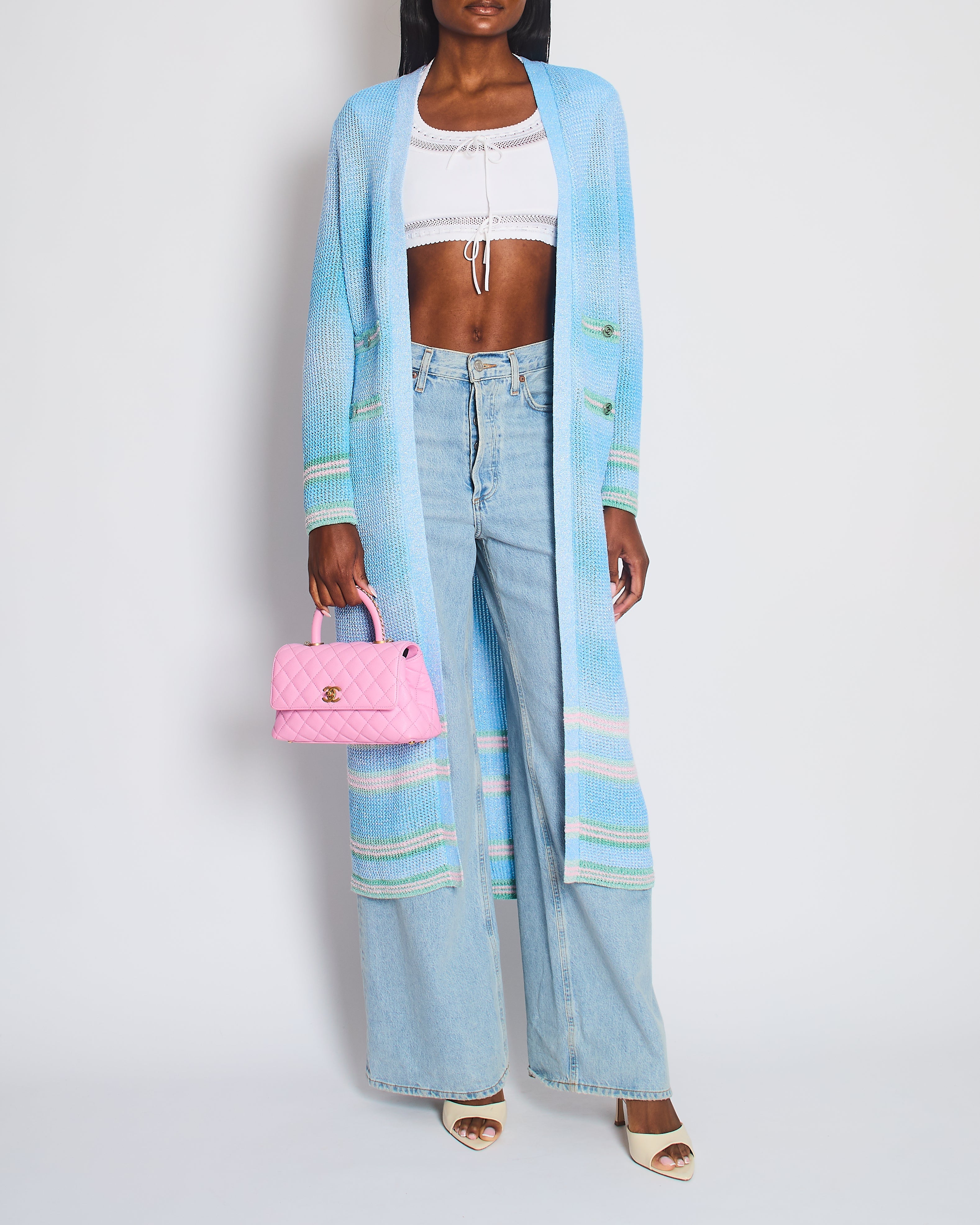 Chanel 23S Blue Knitted Long-Line Striped Cardigan with CC Button Detail Size Fr 34 (UK 6)