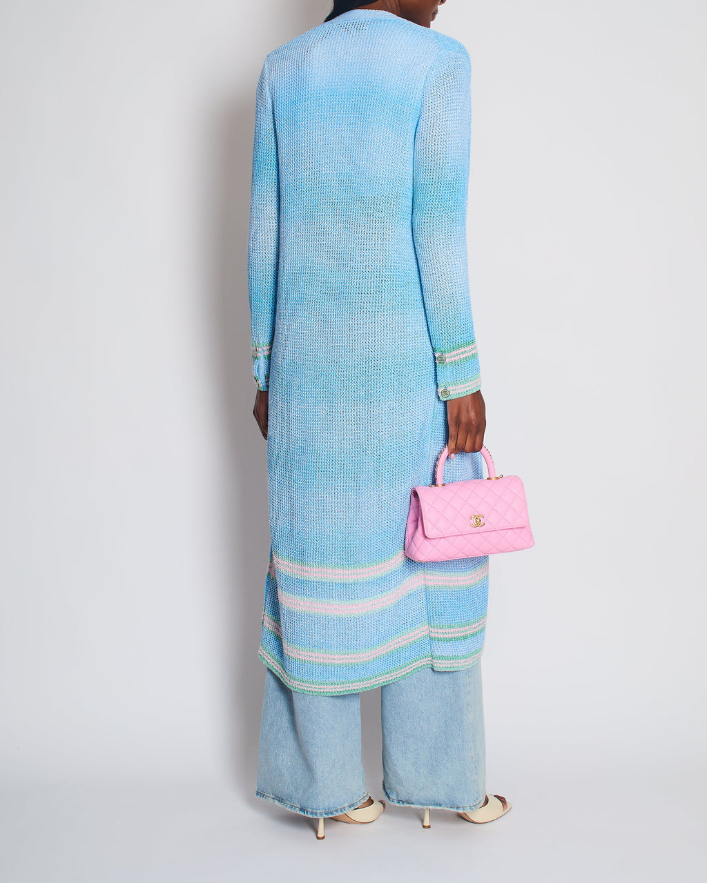 Chanel 23S Blue Knitted Long-Line Striped Cardigan with CC Button Detail Size Fr 34 (UK 6)