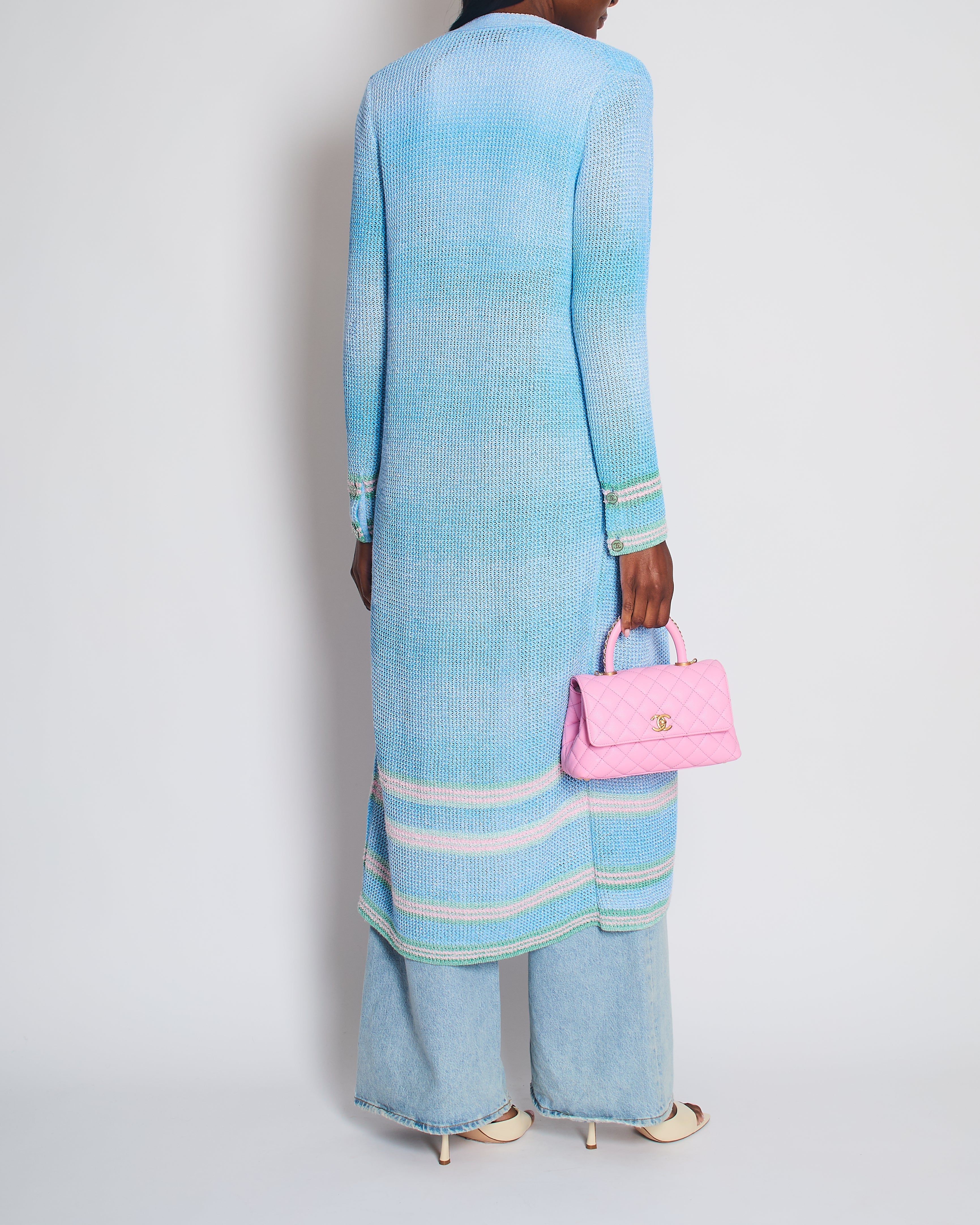 Chanel 23S Blue Knitted Long-Line Striped Cardigan with CC Button Detail Size Fr 34 (UK 6)