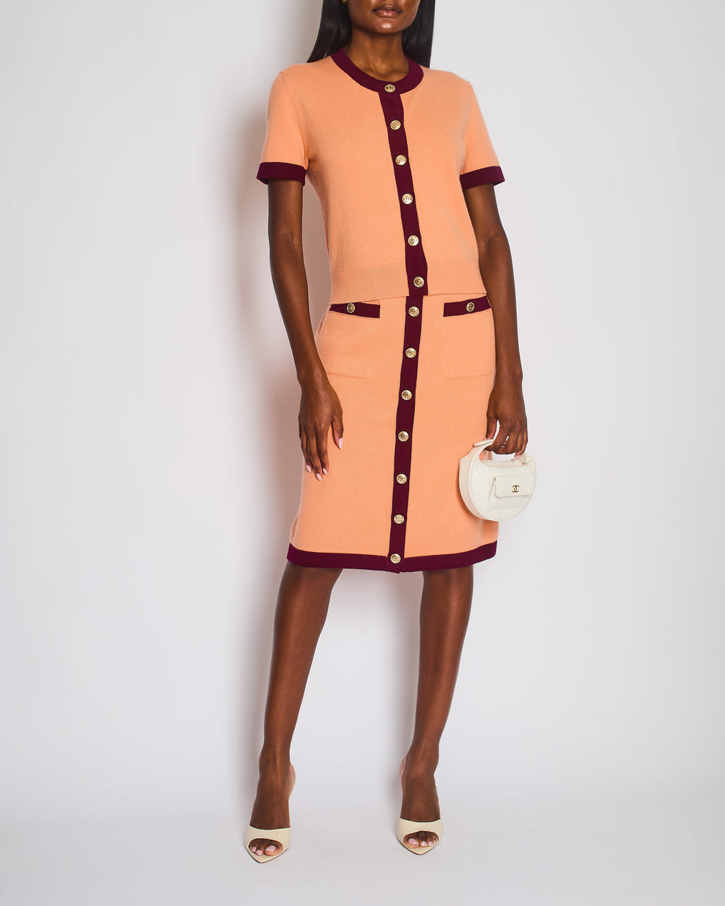 Chanel 2020 Metiers des Arts Peach Short Sleeve Knitted Button Down Cardigan with CC Button Detail Size FR 38 (UK 10)